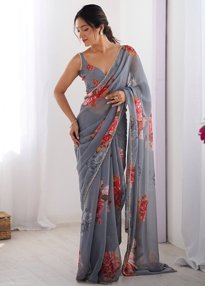 Grey Georgette Saree With Digital Print And Moti Lace