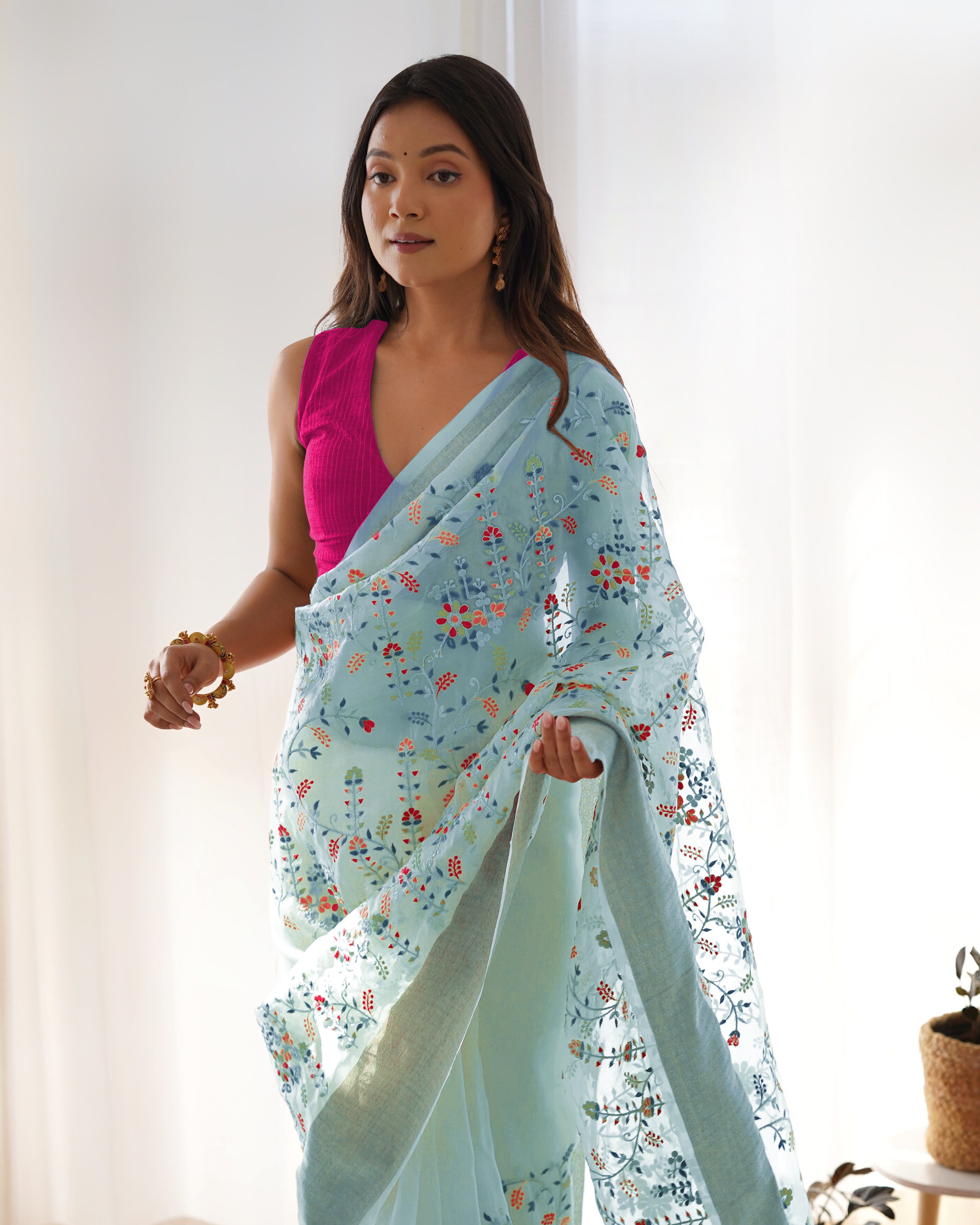 Grey Girlie Organza Saree With Beautiful Resham Embroidery Work
