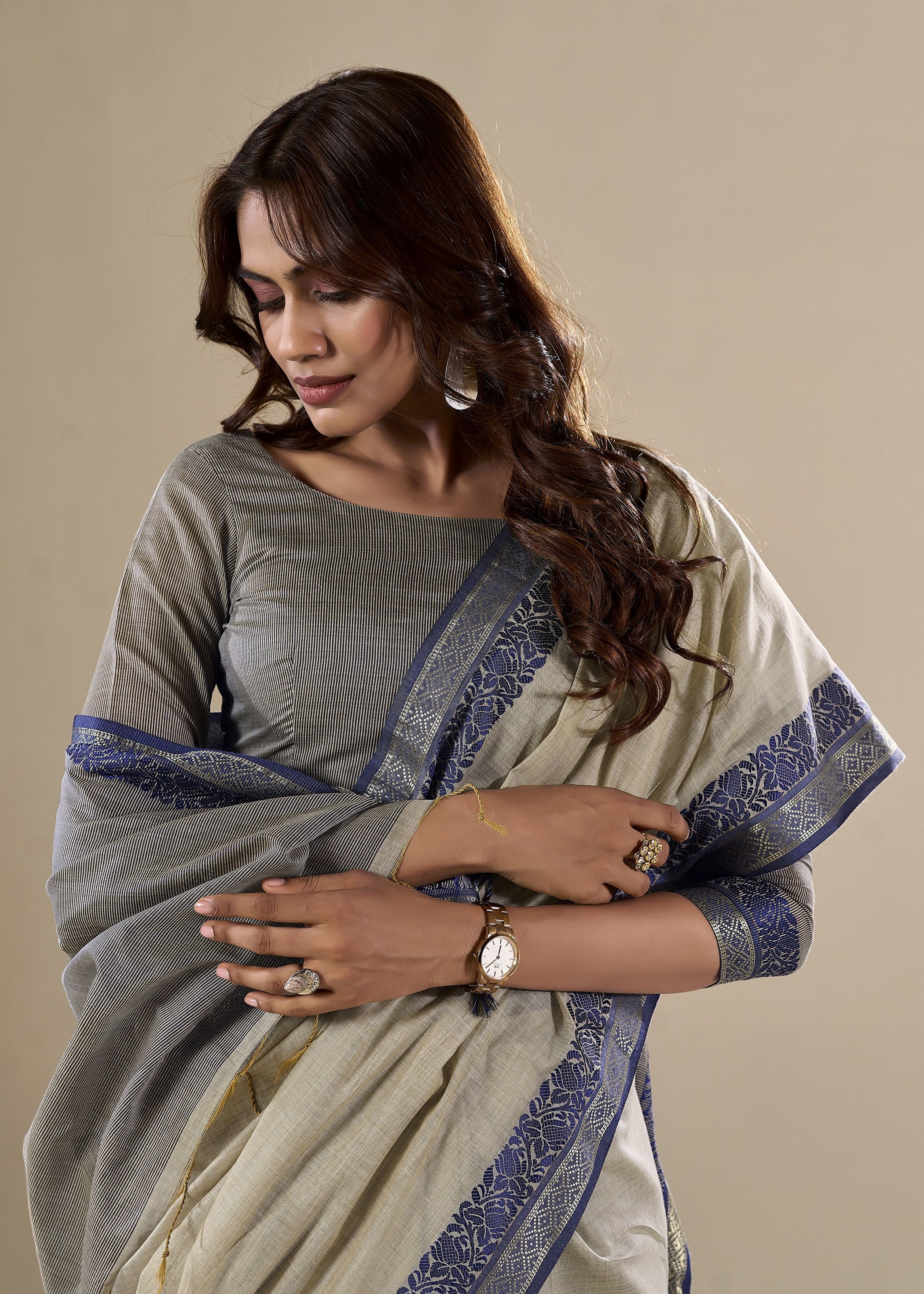Grey Handloom Silk Woven Pallu Border Designer Ethnic Traditional Saree