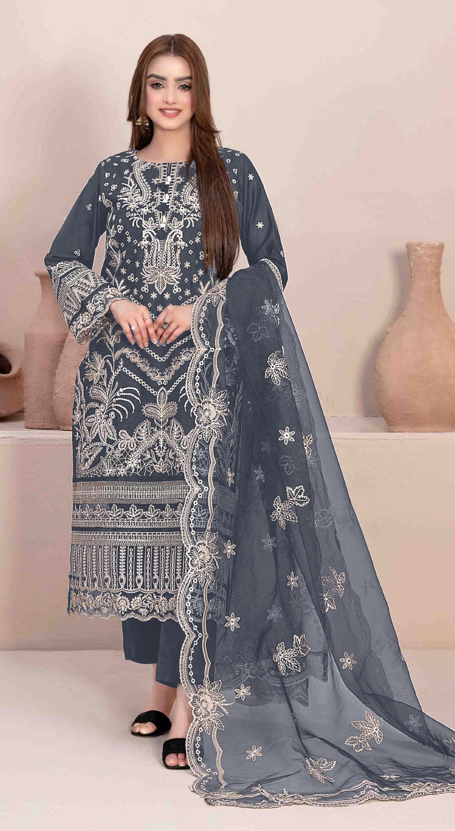 Grey Heavy Designer Suit With Heavy Embroidery Work