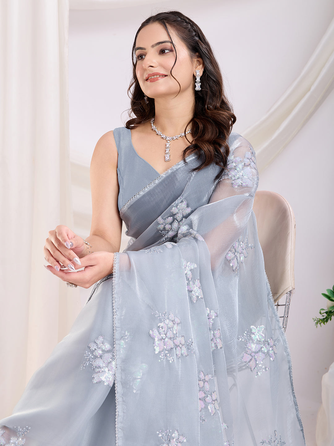Grey Jimmi Choo Sequins Embroidery Work Ethnic Party Saree