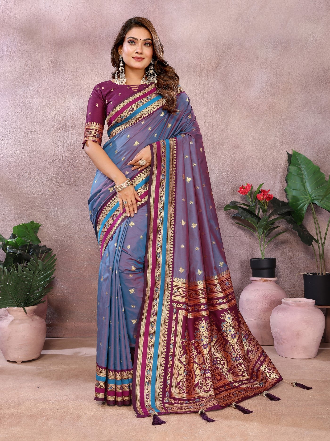 Grey Kalamkari Silk Saree With Traditional Weaving