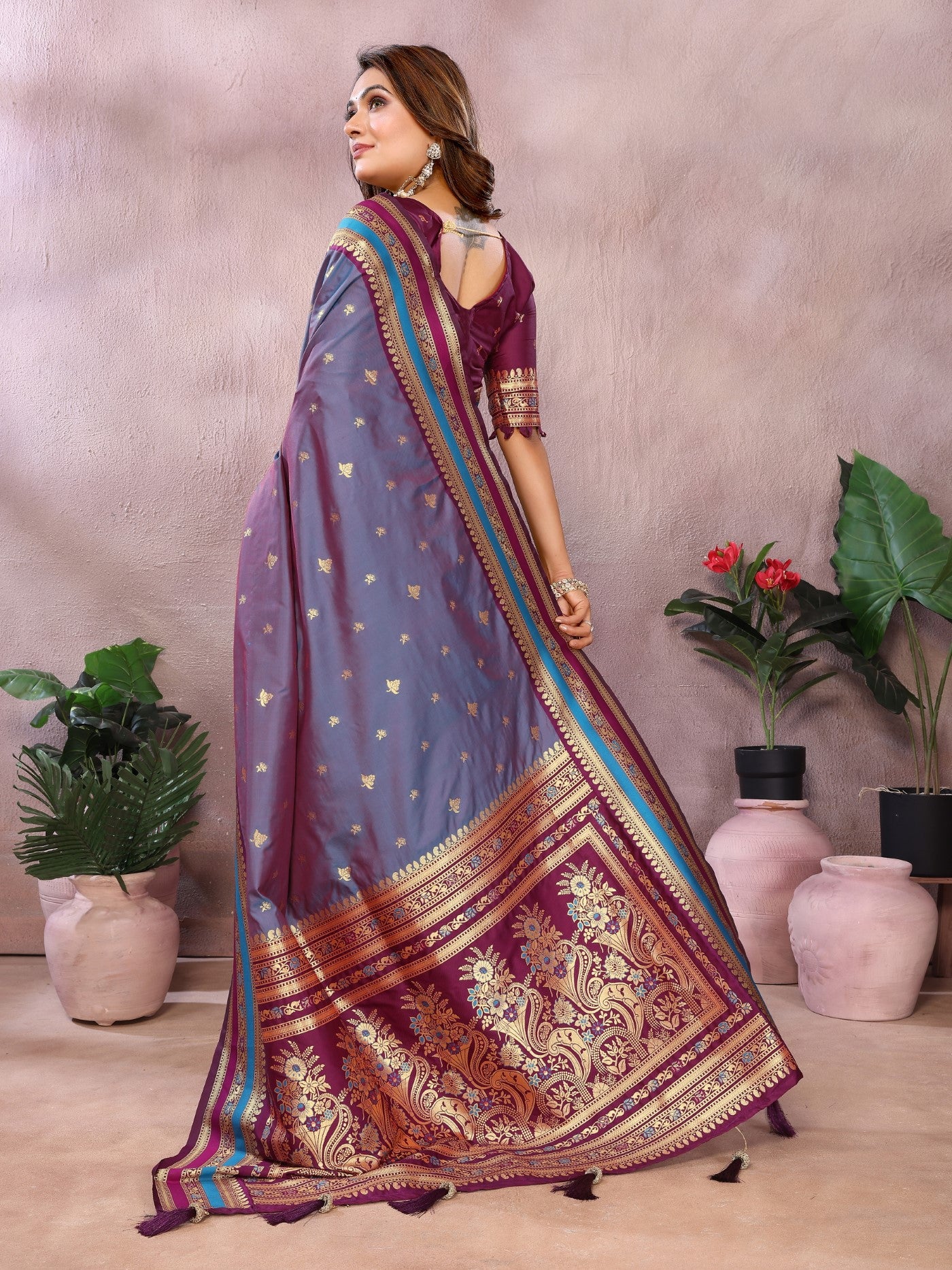 Grey Kalamkari Silk Saree With Traditional Weaving