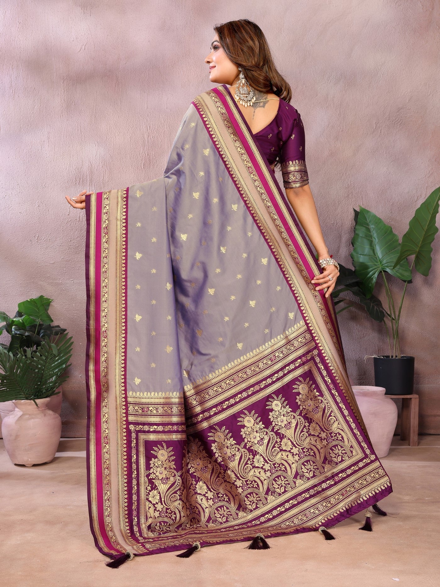 Grey Kalamkari Silk Saree With Traditional Weaving