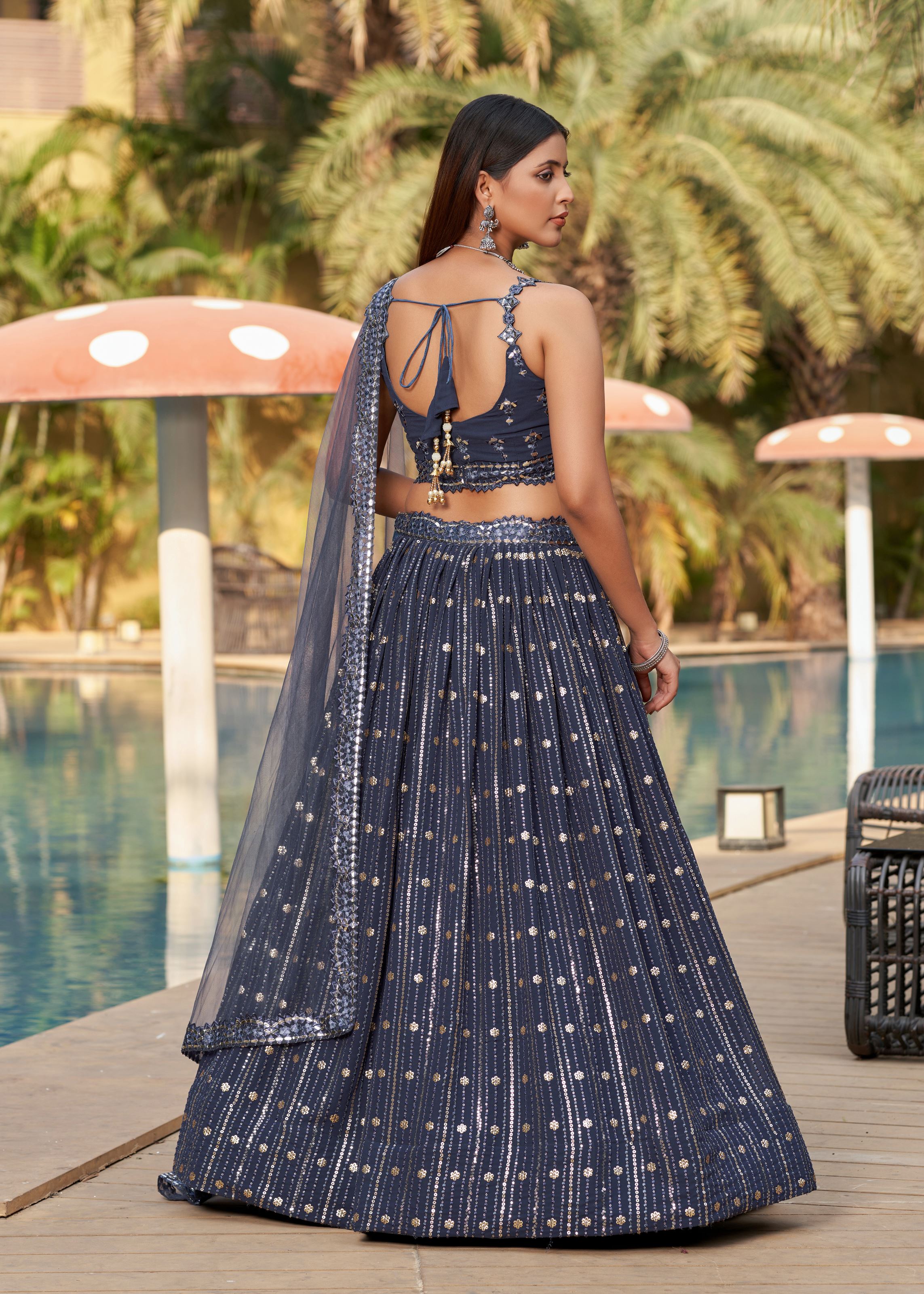 Grey Lehenga Choli With Sequins And Thread With Mirror Paper Embroidery Work
