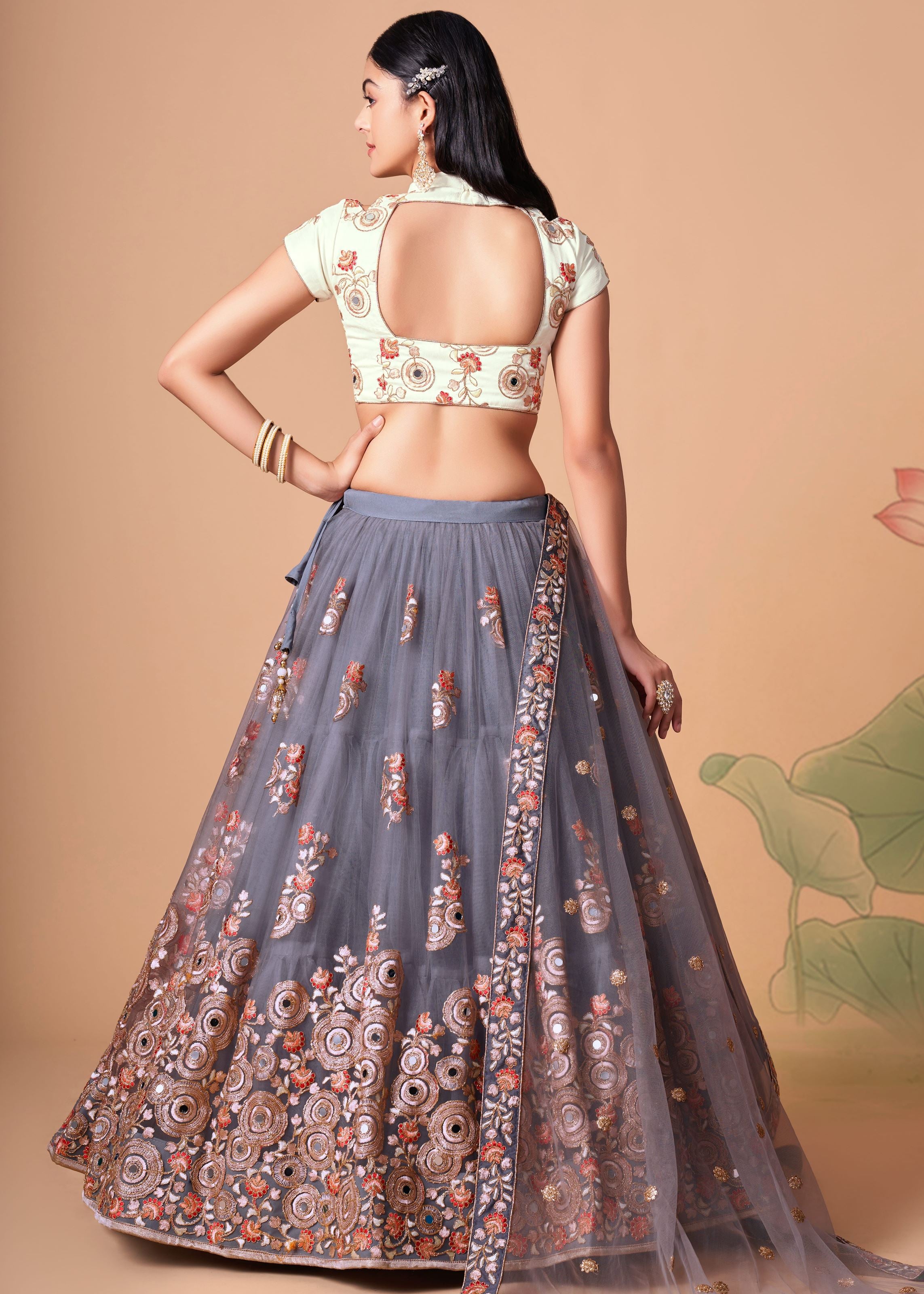Grey Lehenga Choli With Thread, Zari, Dori And Sequins Embroidery With Mirror Work