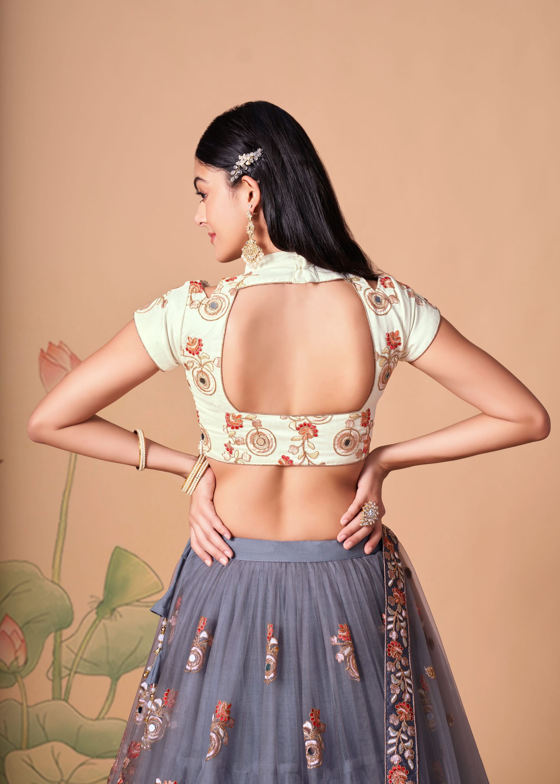Grey Lehenga Choli With Thread, Zari, Dori And Sequins Embroidery With Mirror Work