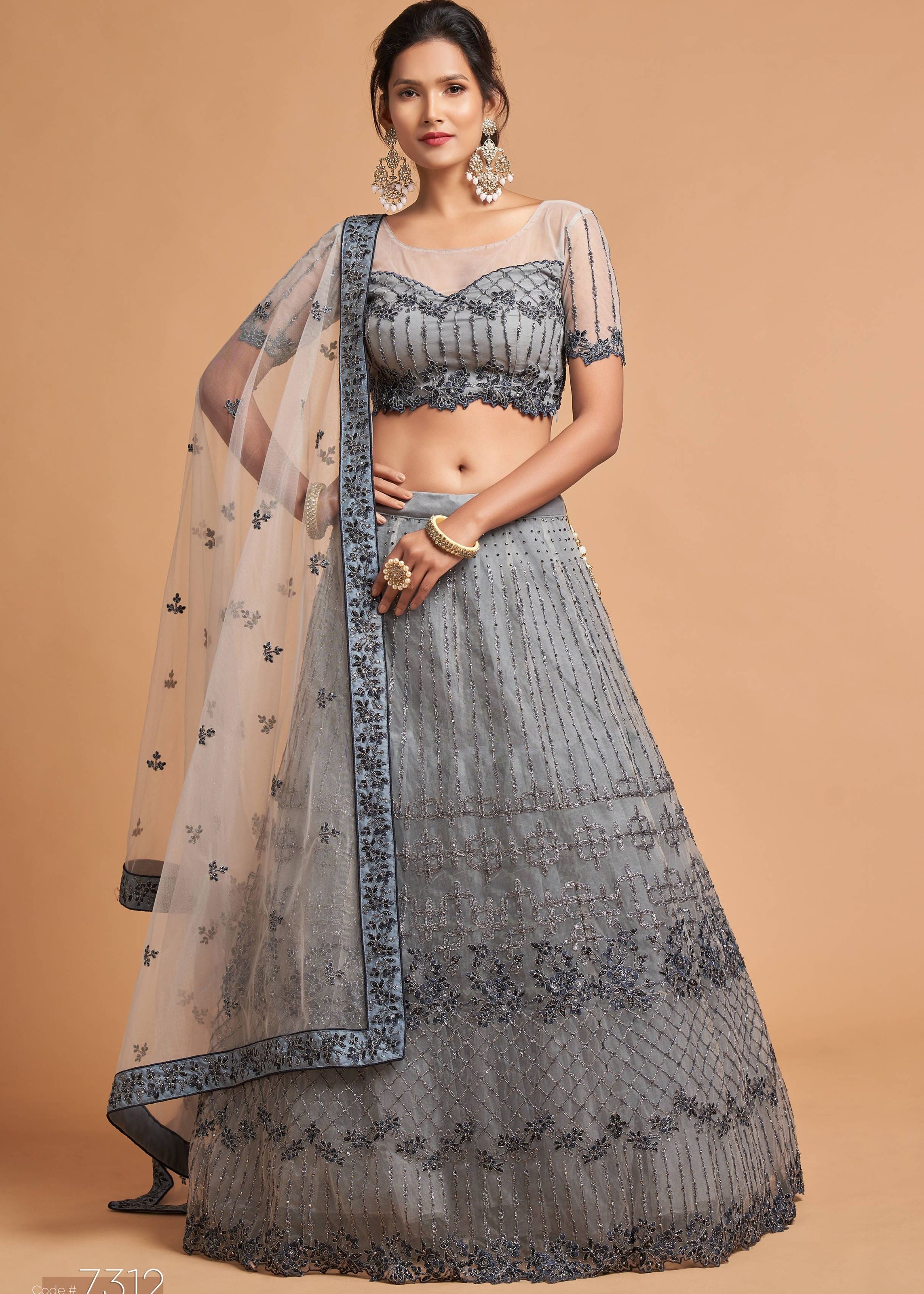 Grey Lehenga Choli With Zari, Badla, Dori And Threads Embroidery Work