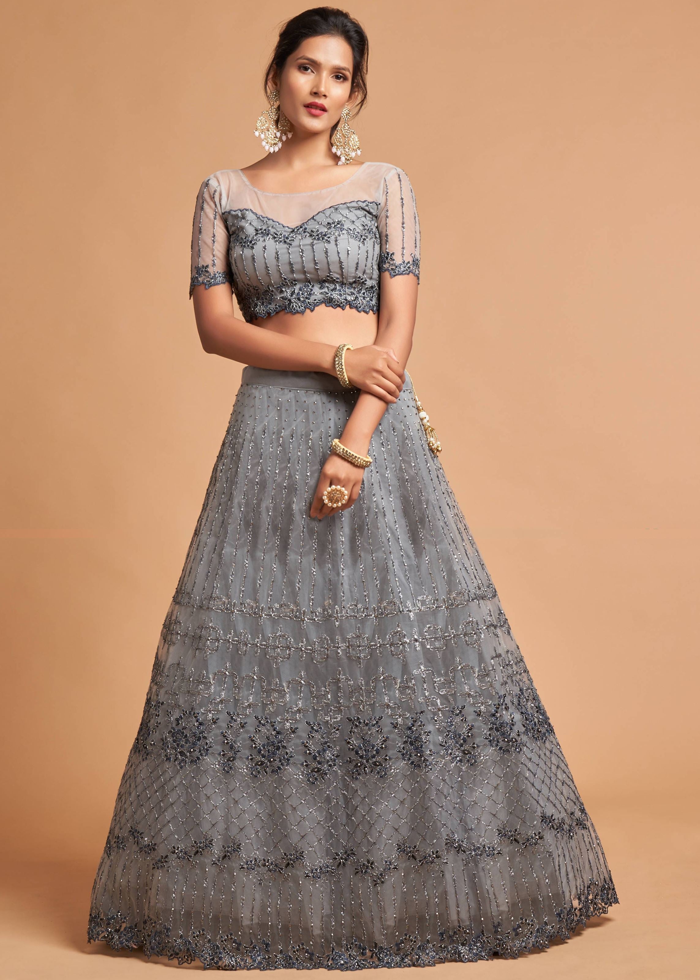 Grey Lehenga Choli With Zari, Badla, Dori And Threads Embroidery Work