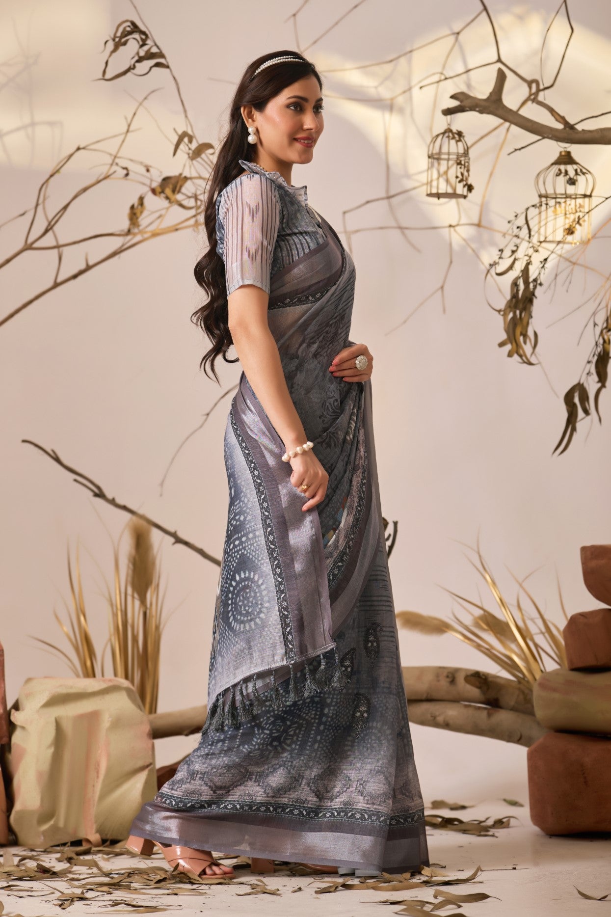 Grey Linen Cotton Saree With Digital Printed Classic Traditional Design
