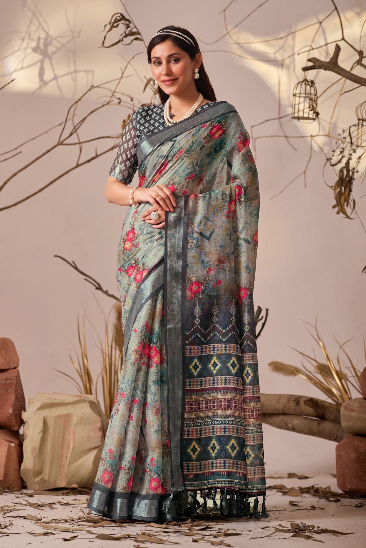 Grey Linen Cotton Saree With Digital Printed Classic Traditional Design