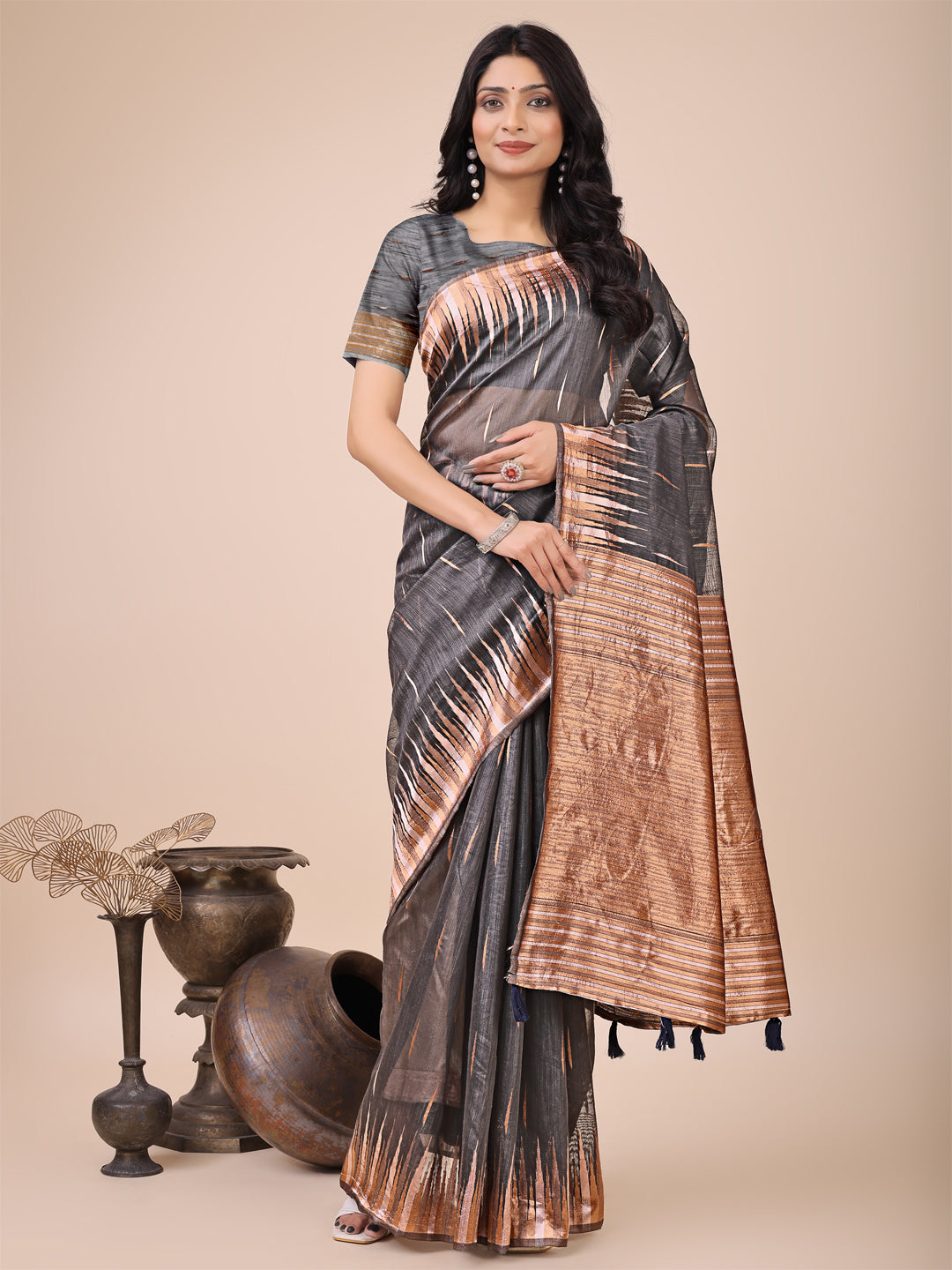Grey Linen Cotton Woven Jacquard Designer Festive Wear Saree