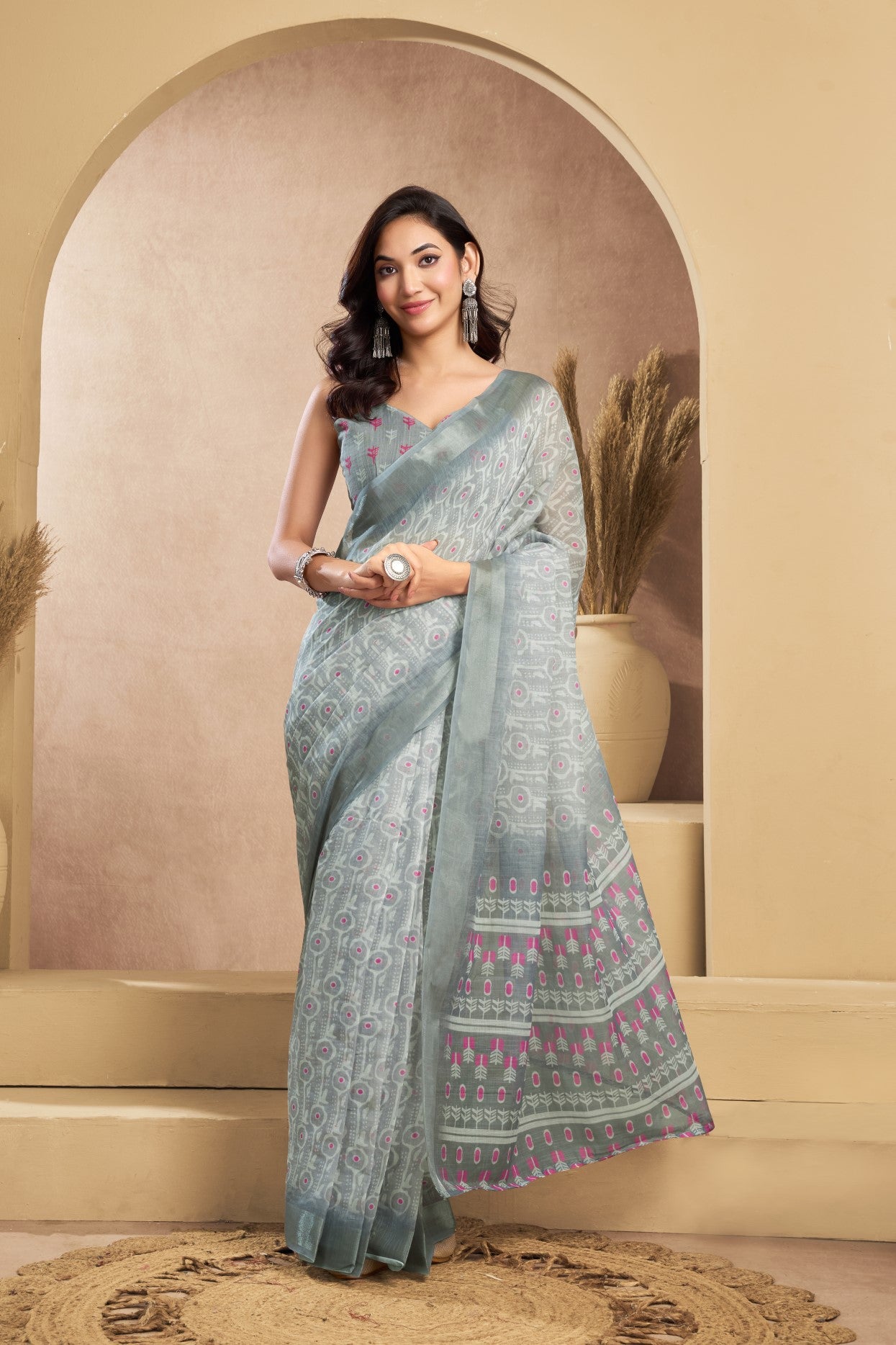 Grey Linen Ready To Wear Saree With Zari Border Printed