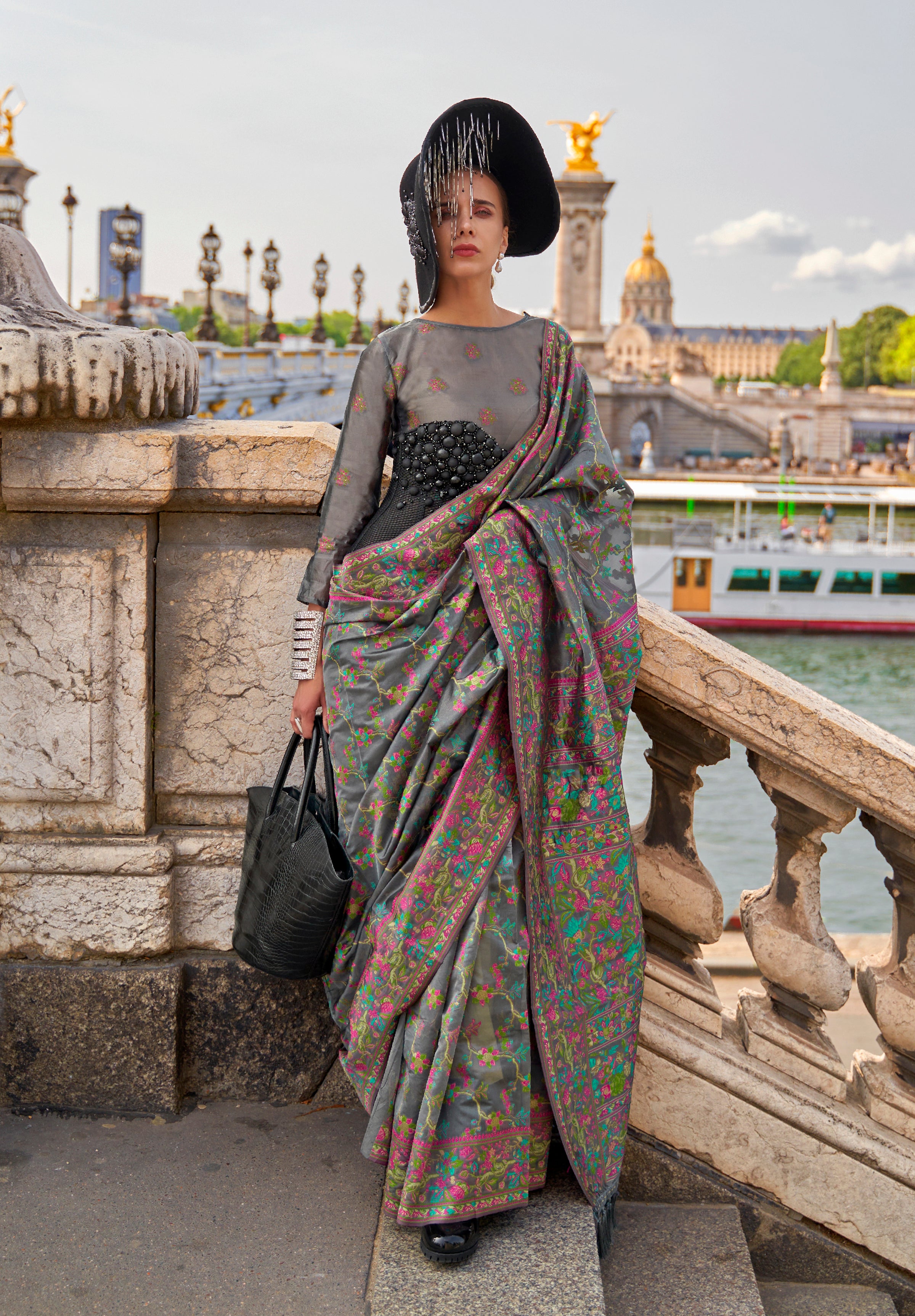 Grey Organza Handloom Saree With Woven Work