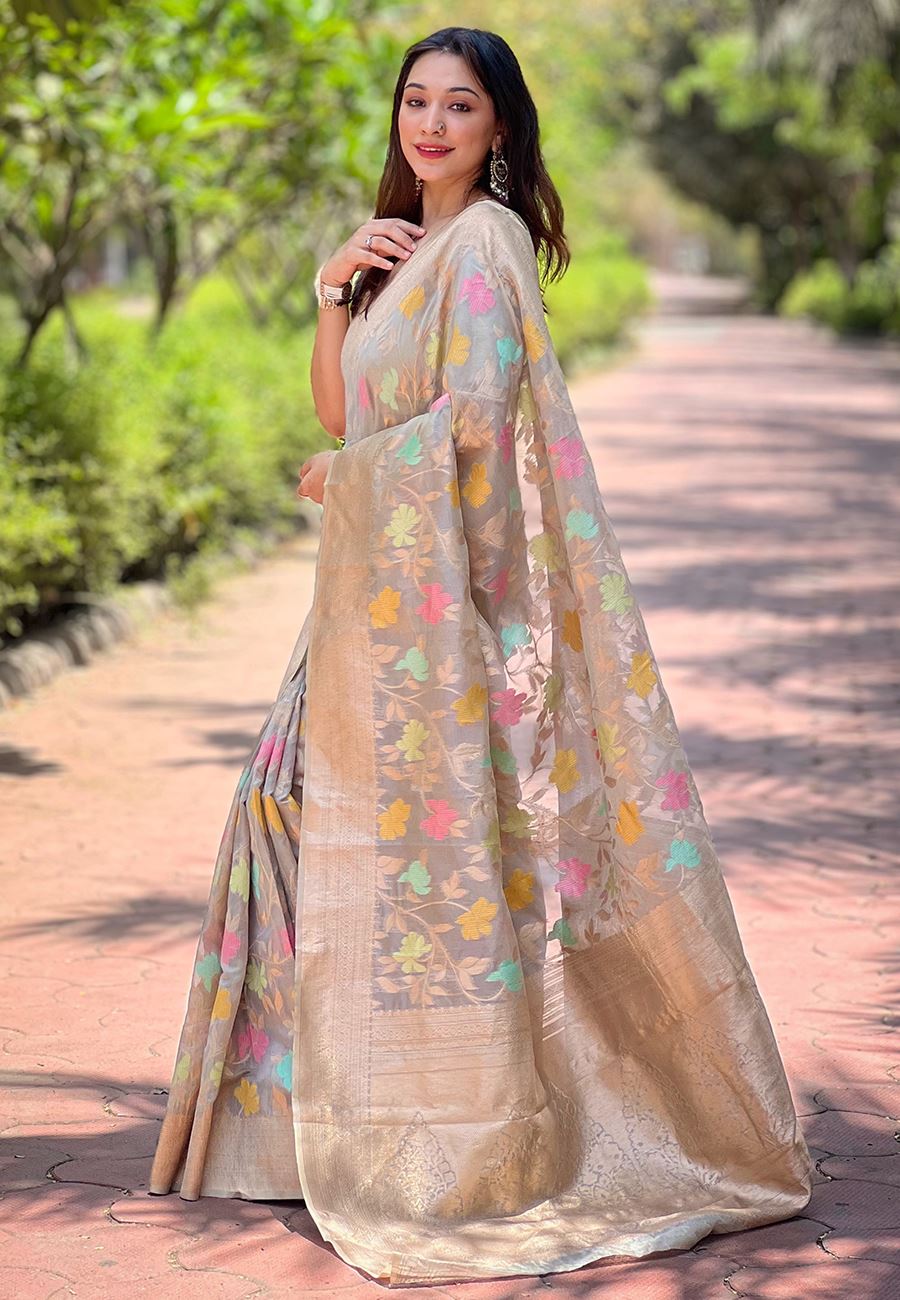 Grey Organza Saree With Woven Work