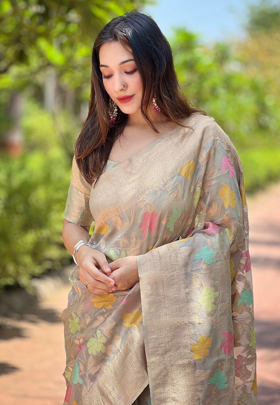 Grey Organza Saree With Woven Work