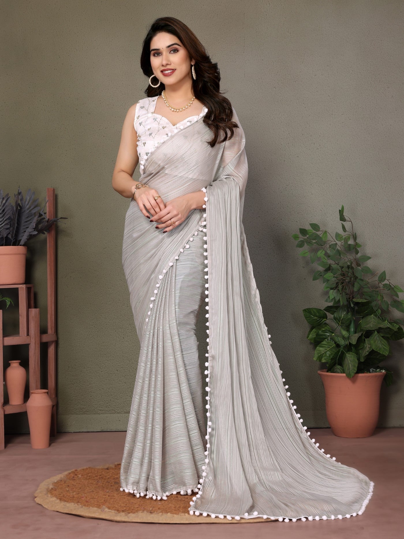 Grey Polyester Zari Saree With Plain Saree With Embroidery Work Blouse And Pum Pum Lace