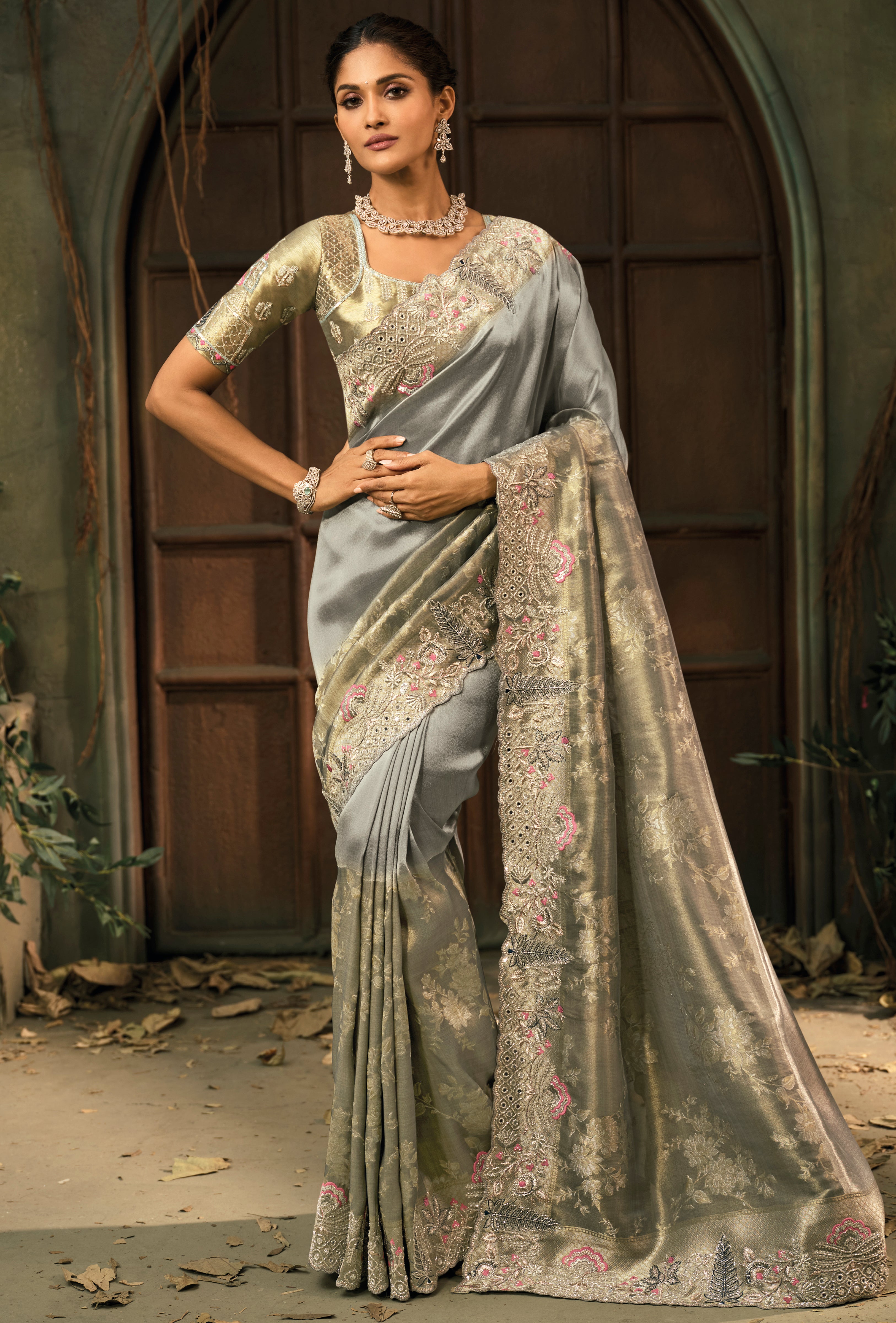 Grey Saree With Jari, Thread, Cut-Dana With Moti Heavy Work