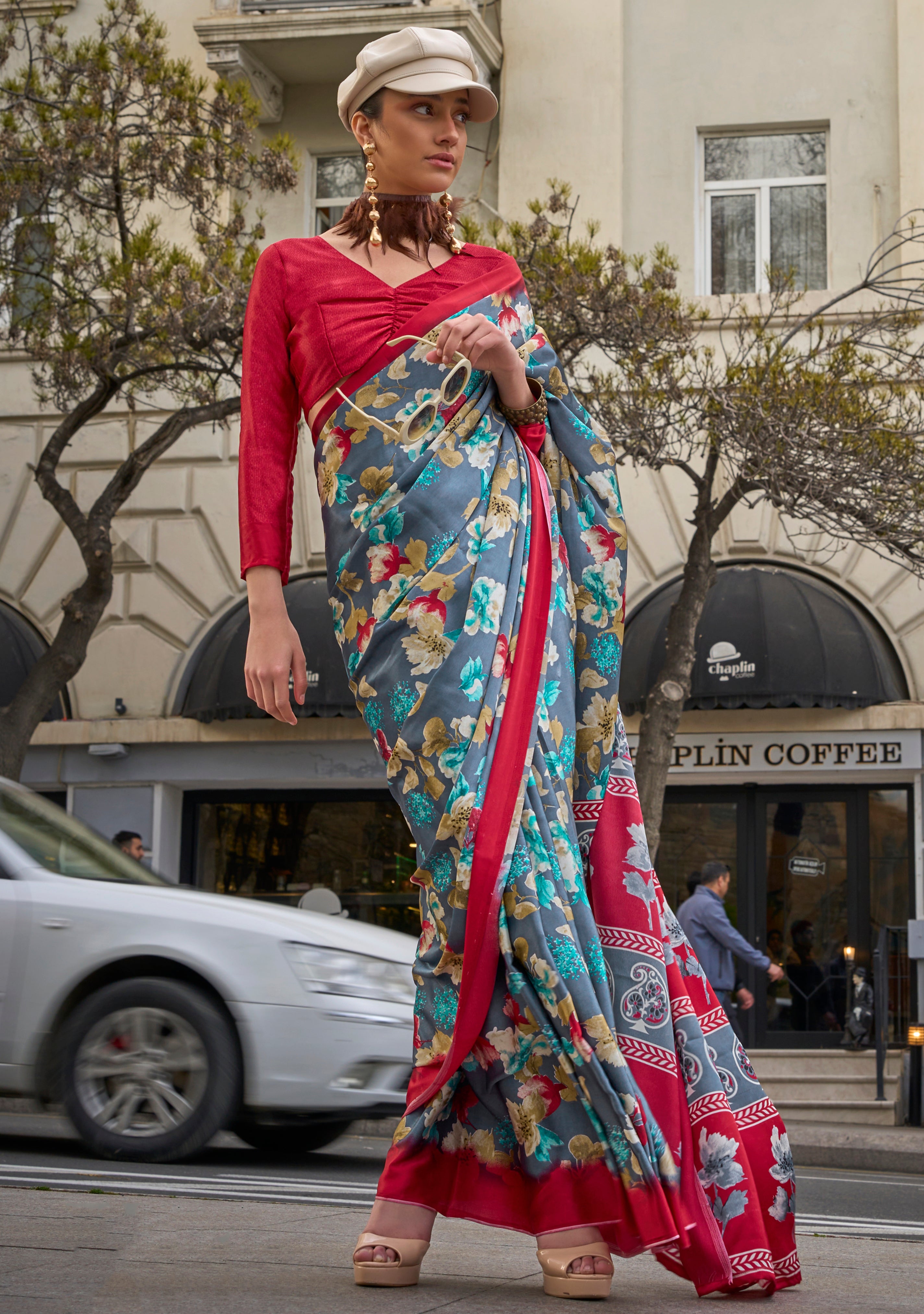 Grey Satin Crepe Saree With Digital Print