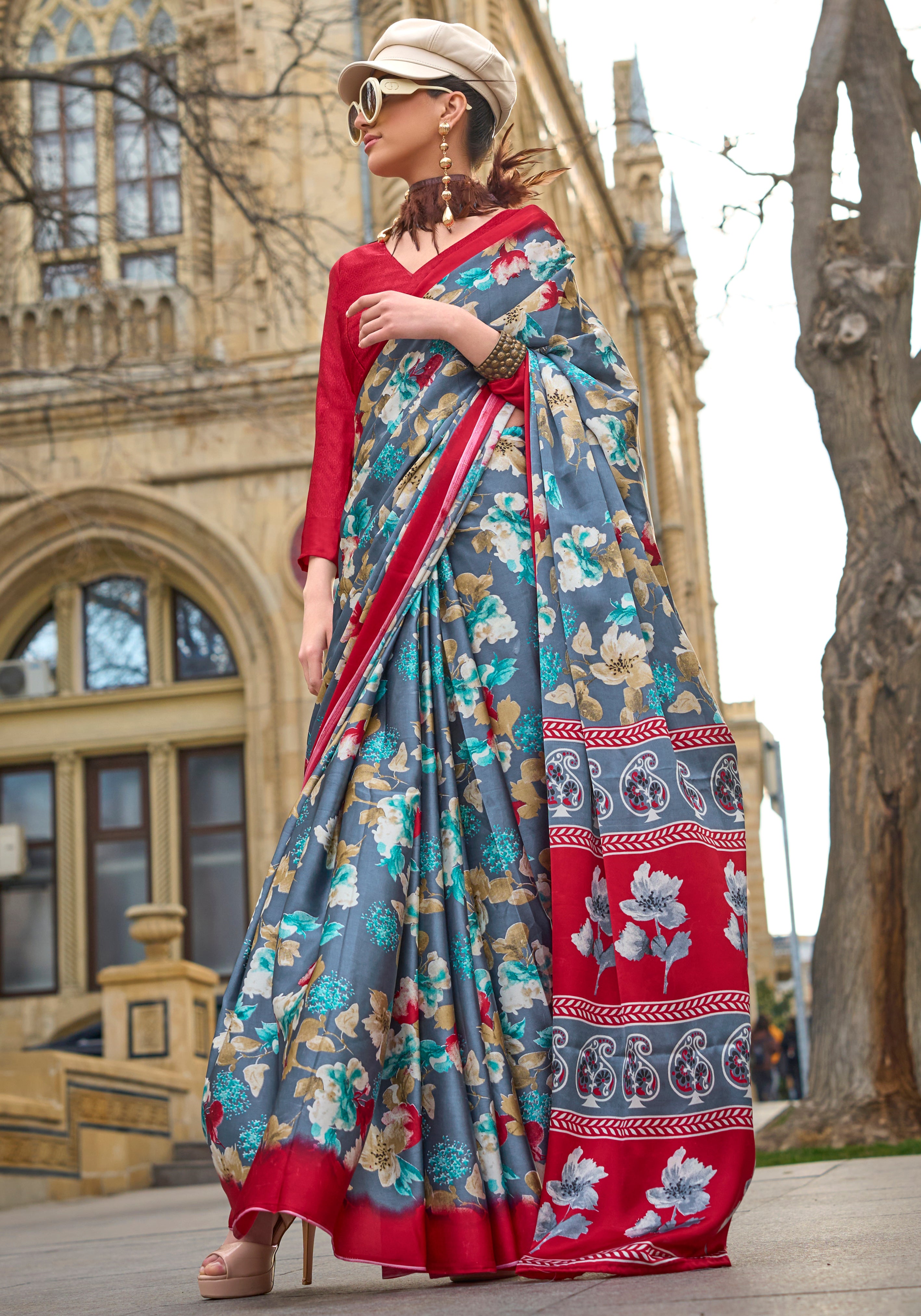 Grey Satin Crepe Saree With Digital Print