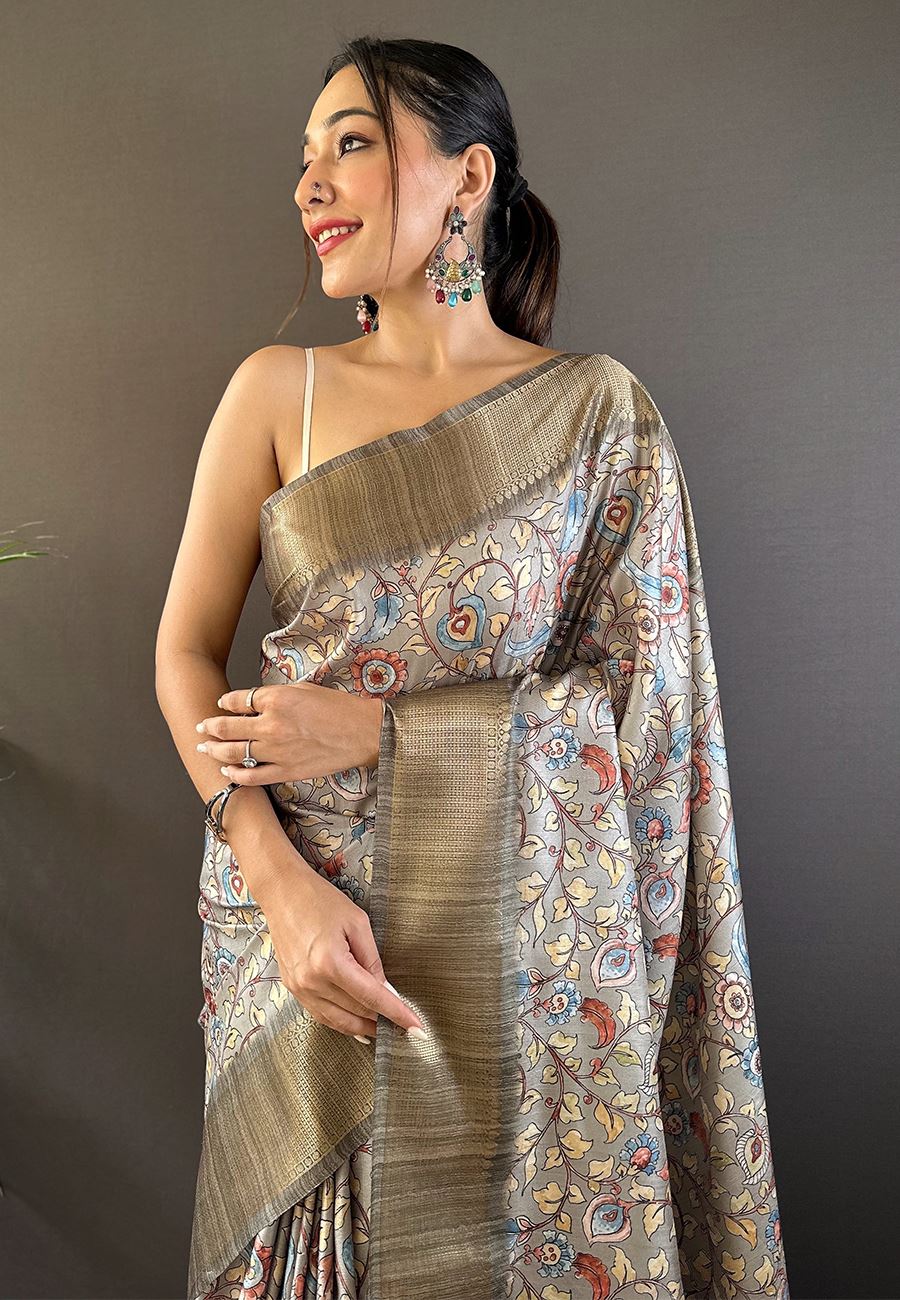 Grey Silk Cotton Kalamkari Printed Saree