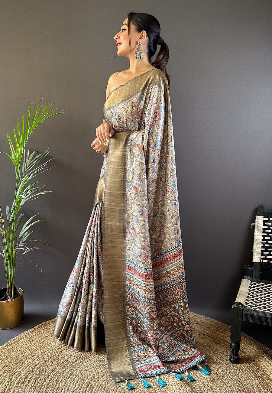 Grey Silk Cotton Kalamkari Printed Saree