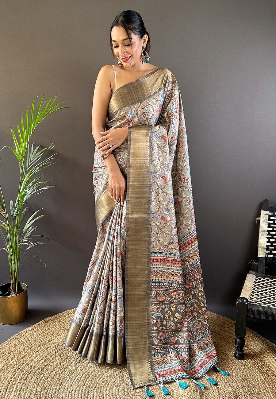 Grey Silk Cotton Kalamkari Printed Saree