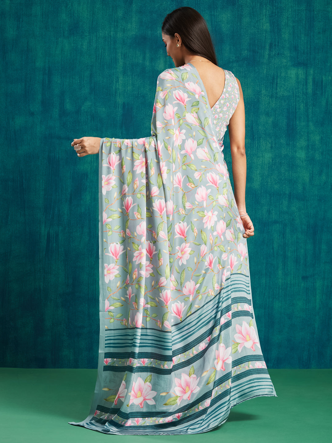 Grey Silk Crepe Designer Printed Ready To Wear Saree