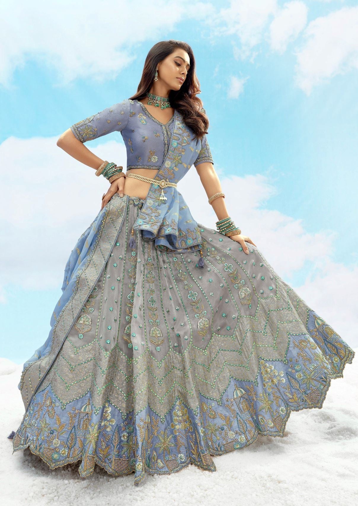 Grey Silk Lehenga Choli With Heavy Thread Embroidery, Zari With Sequins Work