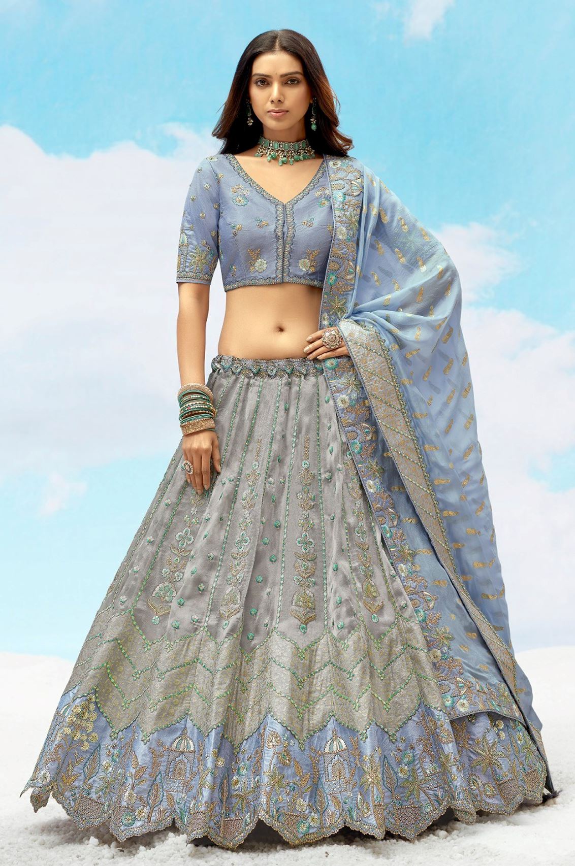 Grey Silk Lehenga Choli With Heavy Thread Embroidery, Zari With Sequins Work