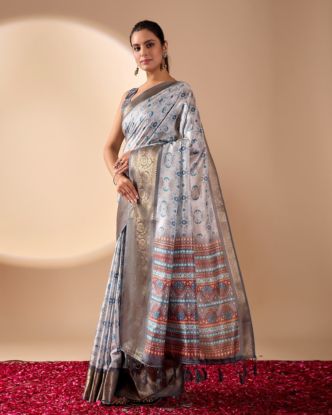 Grey Soft Lichi Silk Saree With Digital Printed Classic Elegant Saree