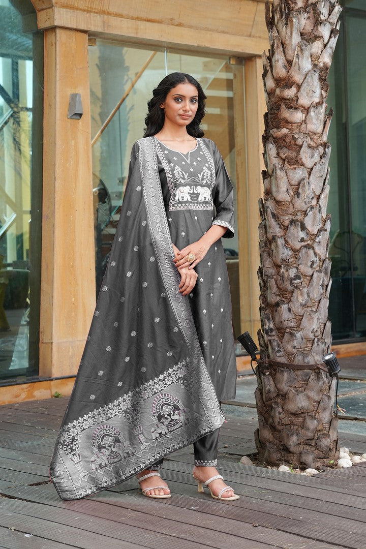 Grey Vatican Designer Suit Set With Handcrafted Embroidery