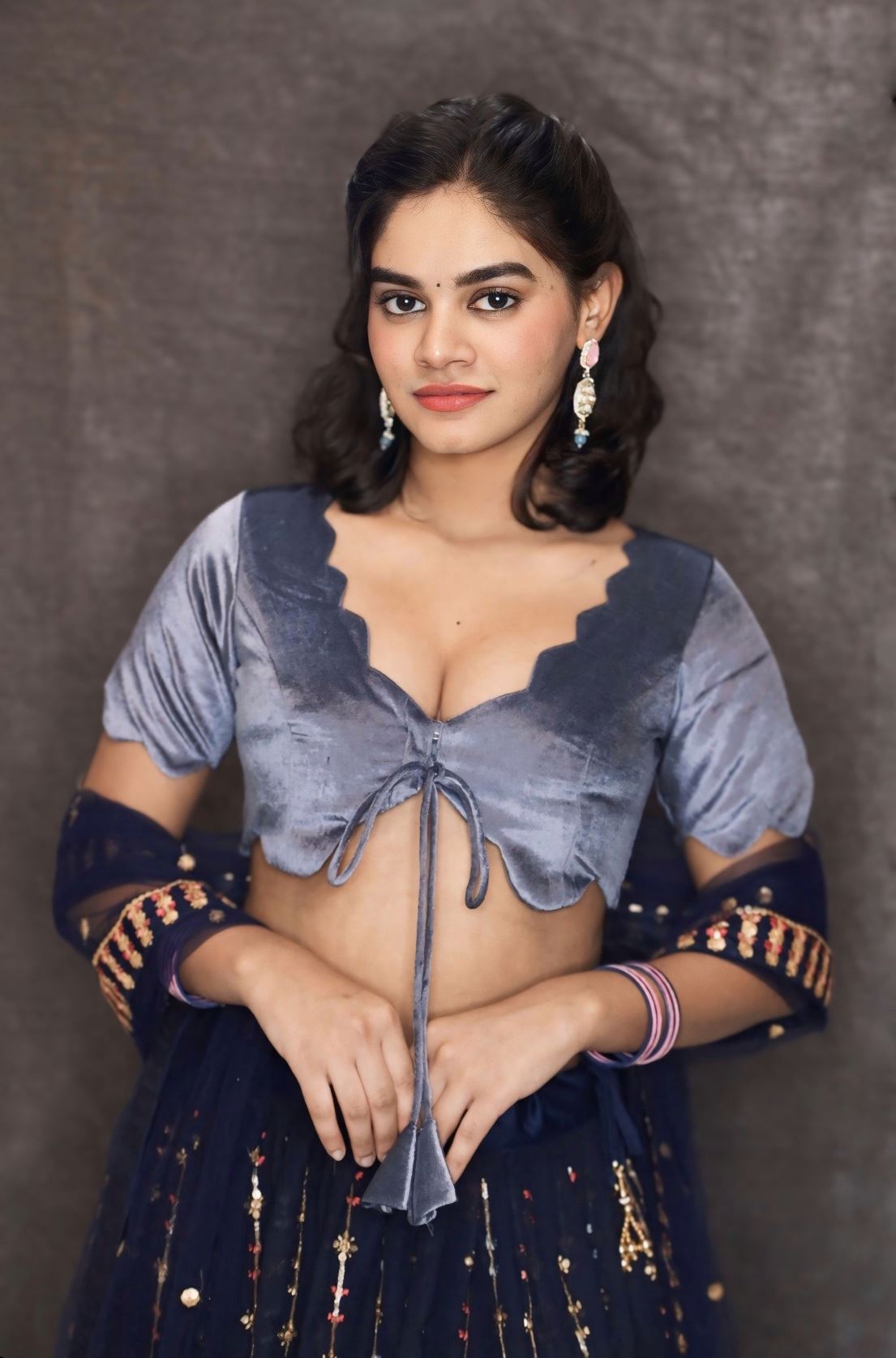 Grey Velvet Blouse in a Scalloped Neckline With Tie Up Tassels Dori