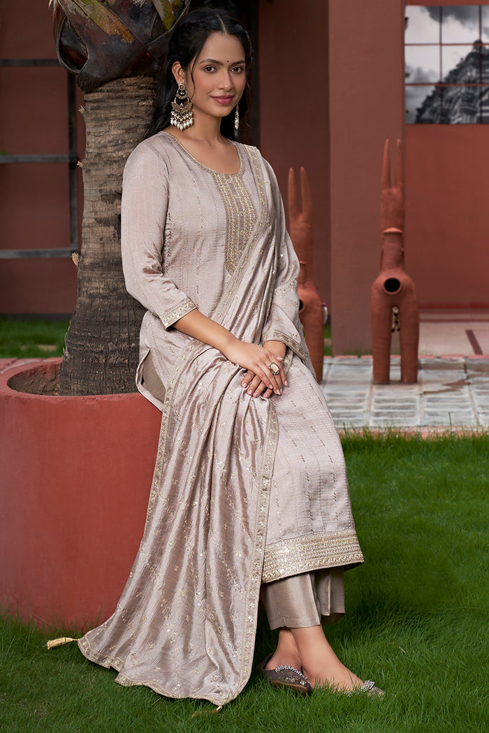 Grey Vichitra Silk Kurta Pant Set With Thread Embroidered With Sequins Work