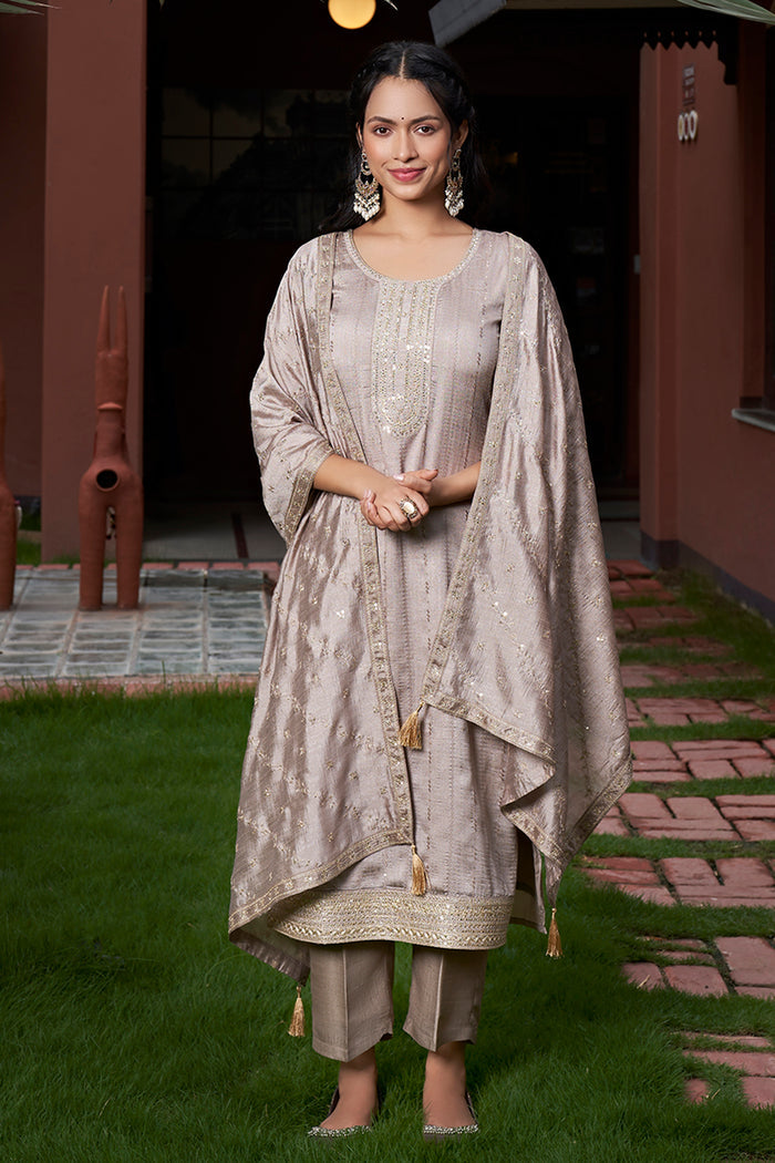 Grey Vichitra Silk Kurta Pant Set With Thread Embroidered With Sequins Work