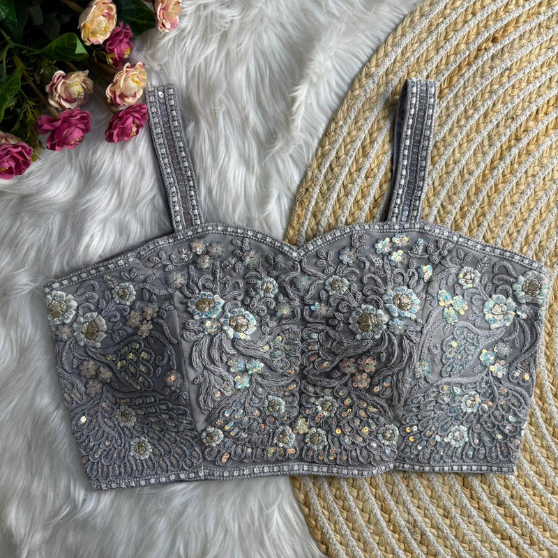 Grey Womens Spaghetti Western Designer Blouse Fox Georgette Embroidered & Sequins Partywear