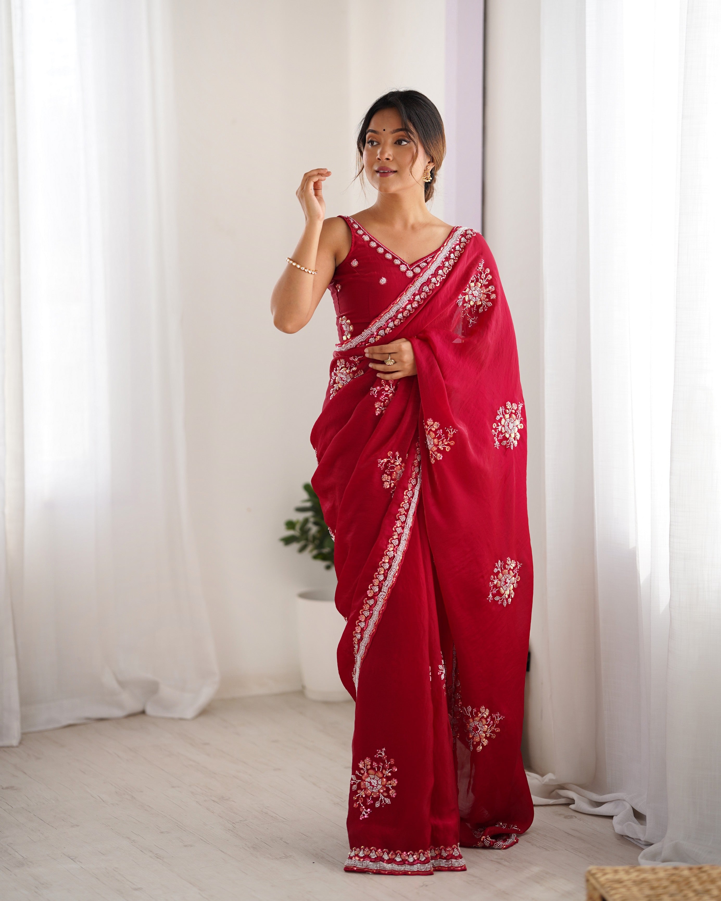 Heavy Designer Beads Hand Work Cheery Fendy Satin Heavy Partywear Saree