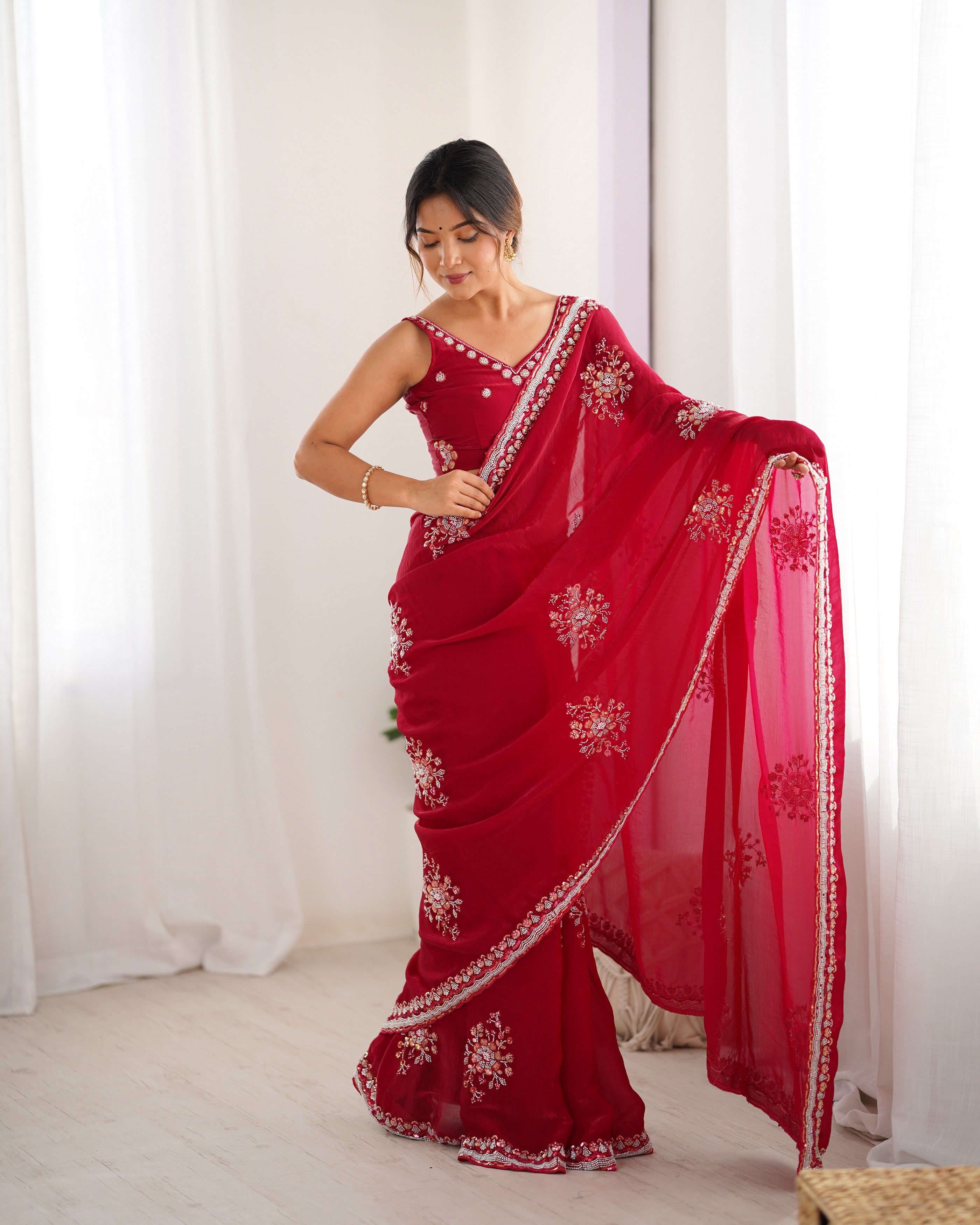 Heavy Designer Beads Hand Work Cheery Fendy Satin Heavy Partywear Saree