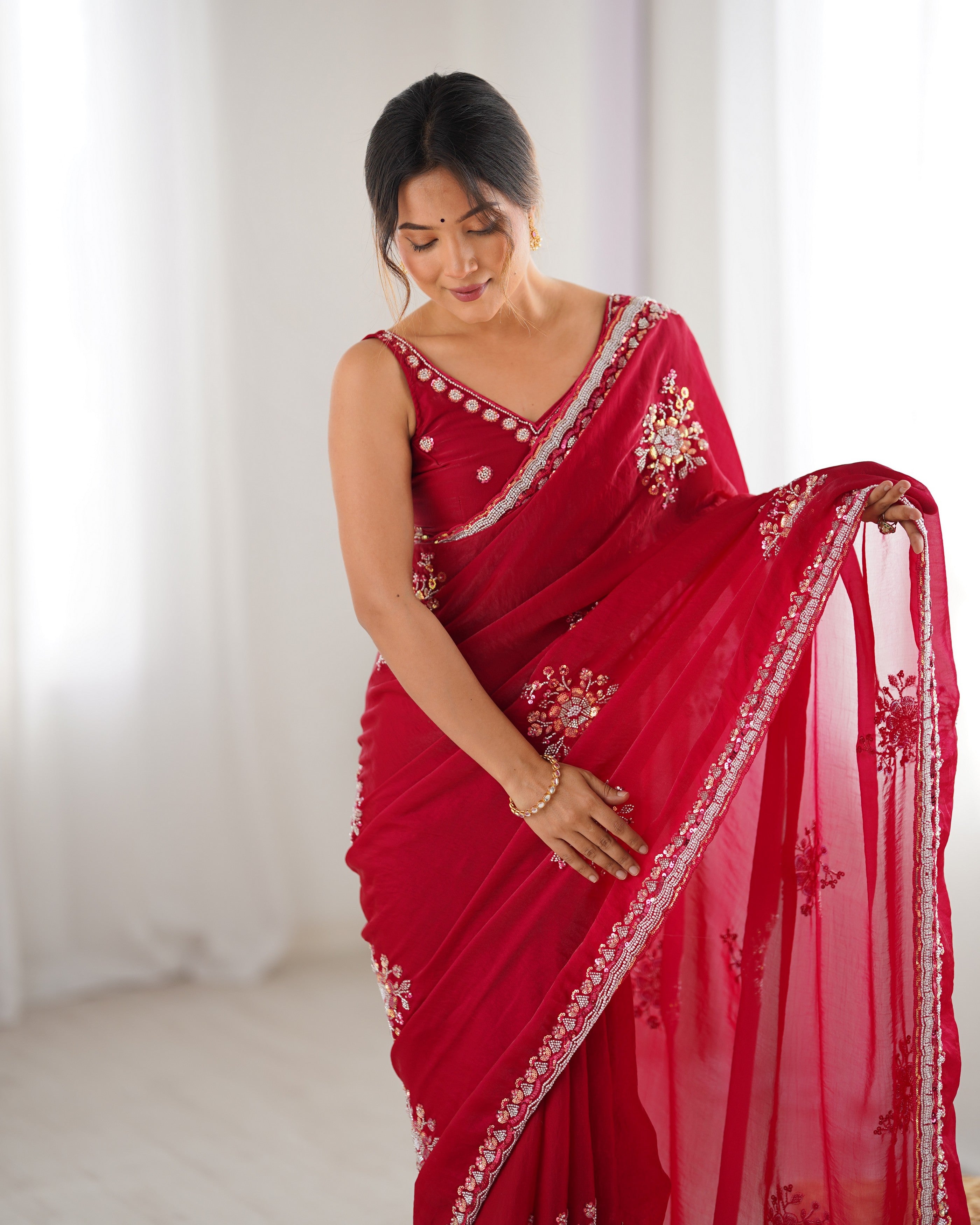 Heavy Designer Beads Hand Work Cheery Fendy Satin Heavy Partywear Saree