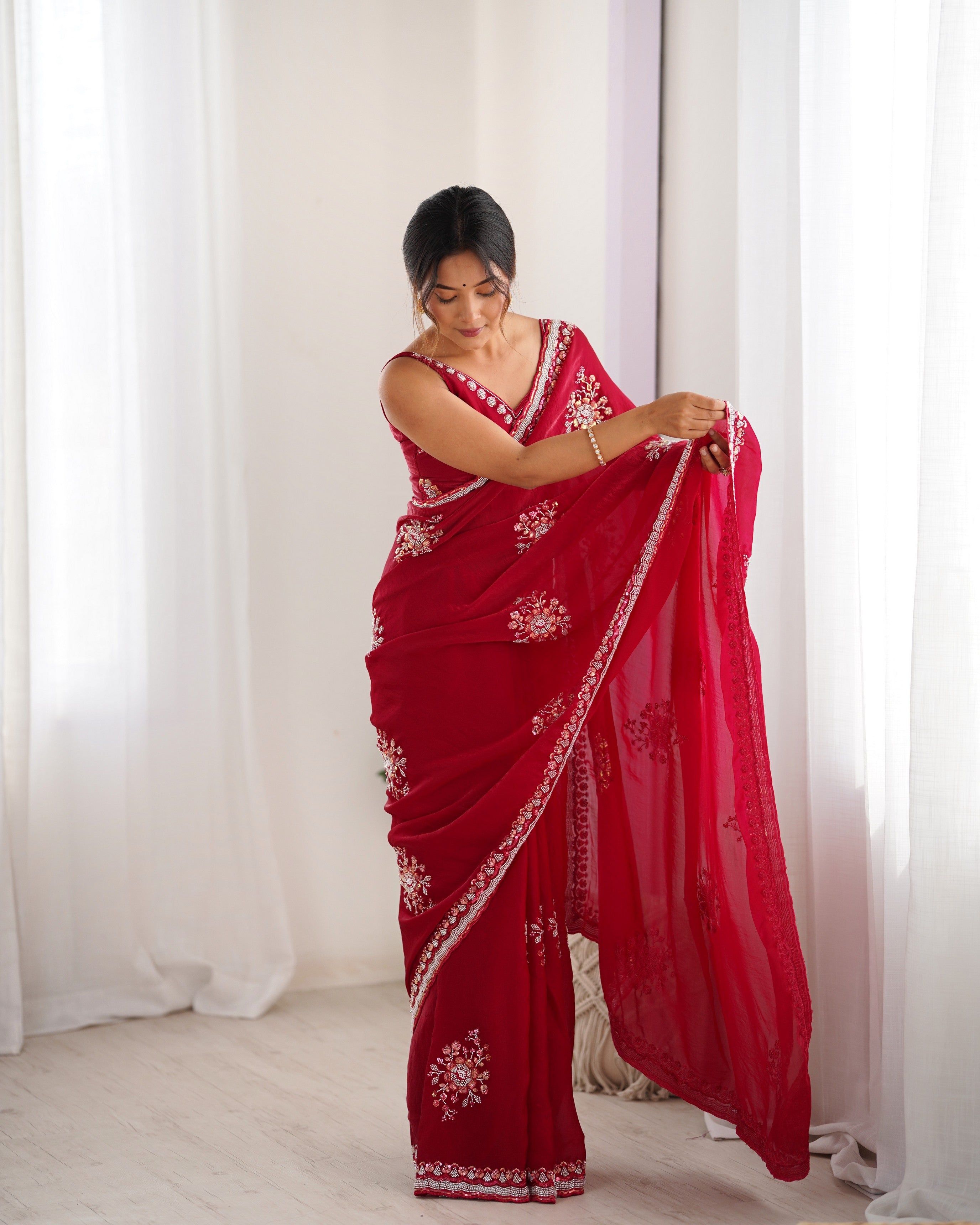 Heavy Designer Beads Hand Work Cheery Fendy Satin Heavy Partywear Saree