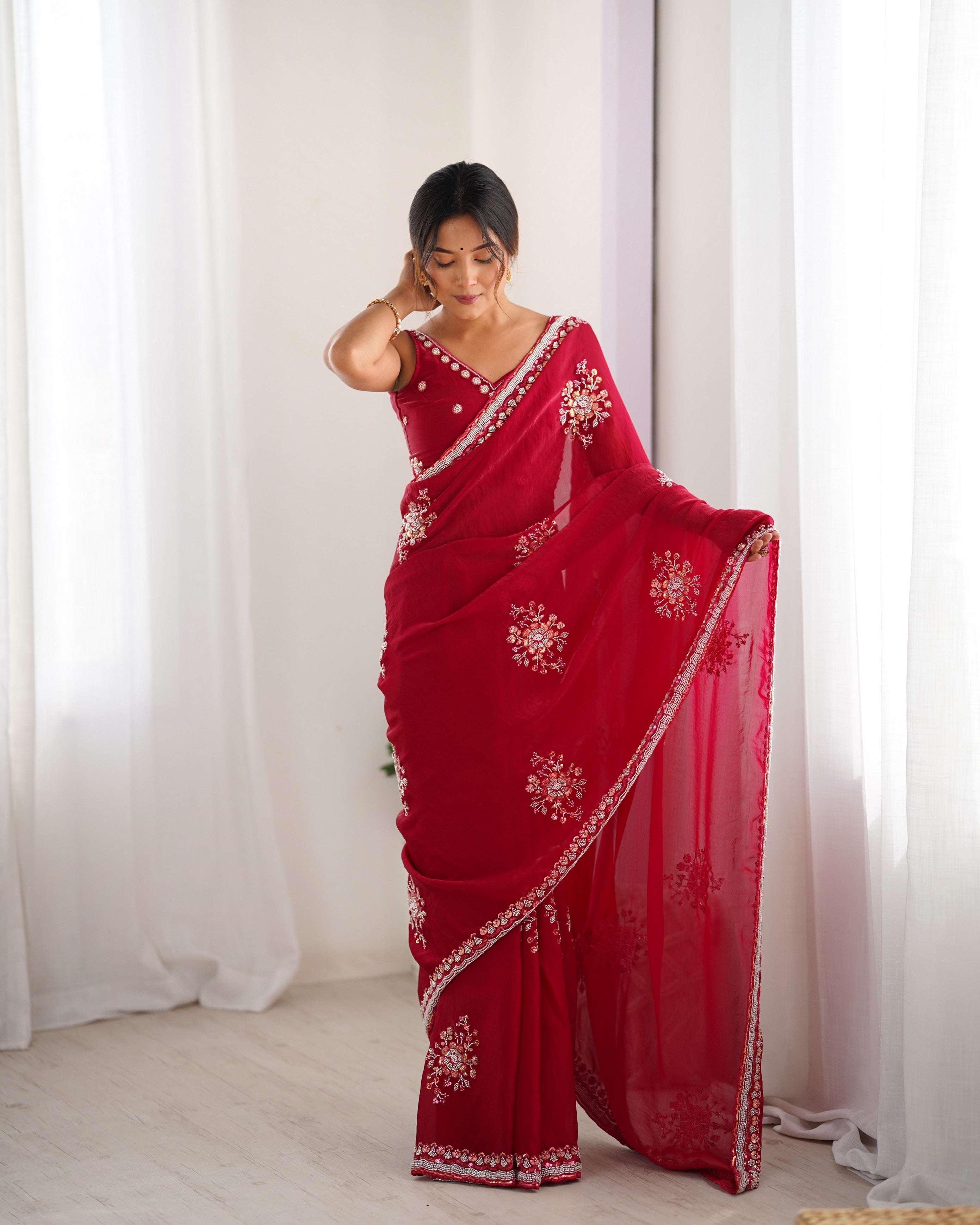 Heavy Designer Beads Hand Work Cheery Fendy Satin Heavy Partywear Saree