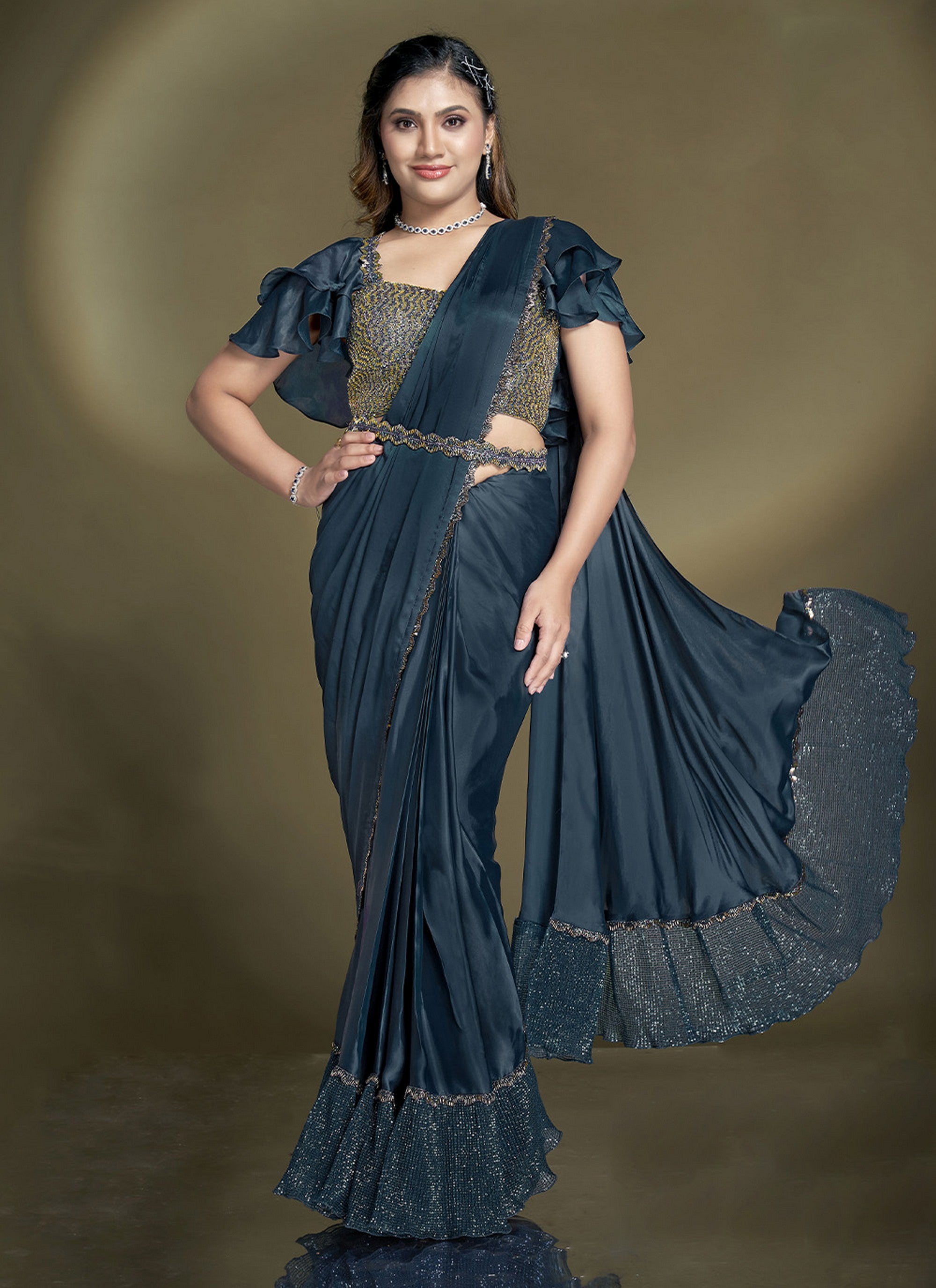 Heavy Partywear Crepe Satin Silk Sequins And Beads Aari Hand Work Ready To Wear Saree