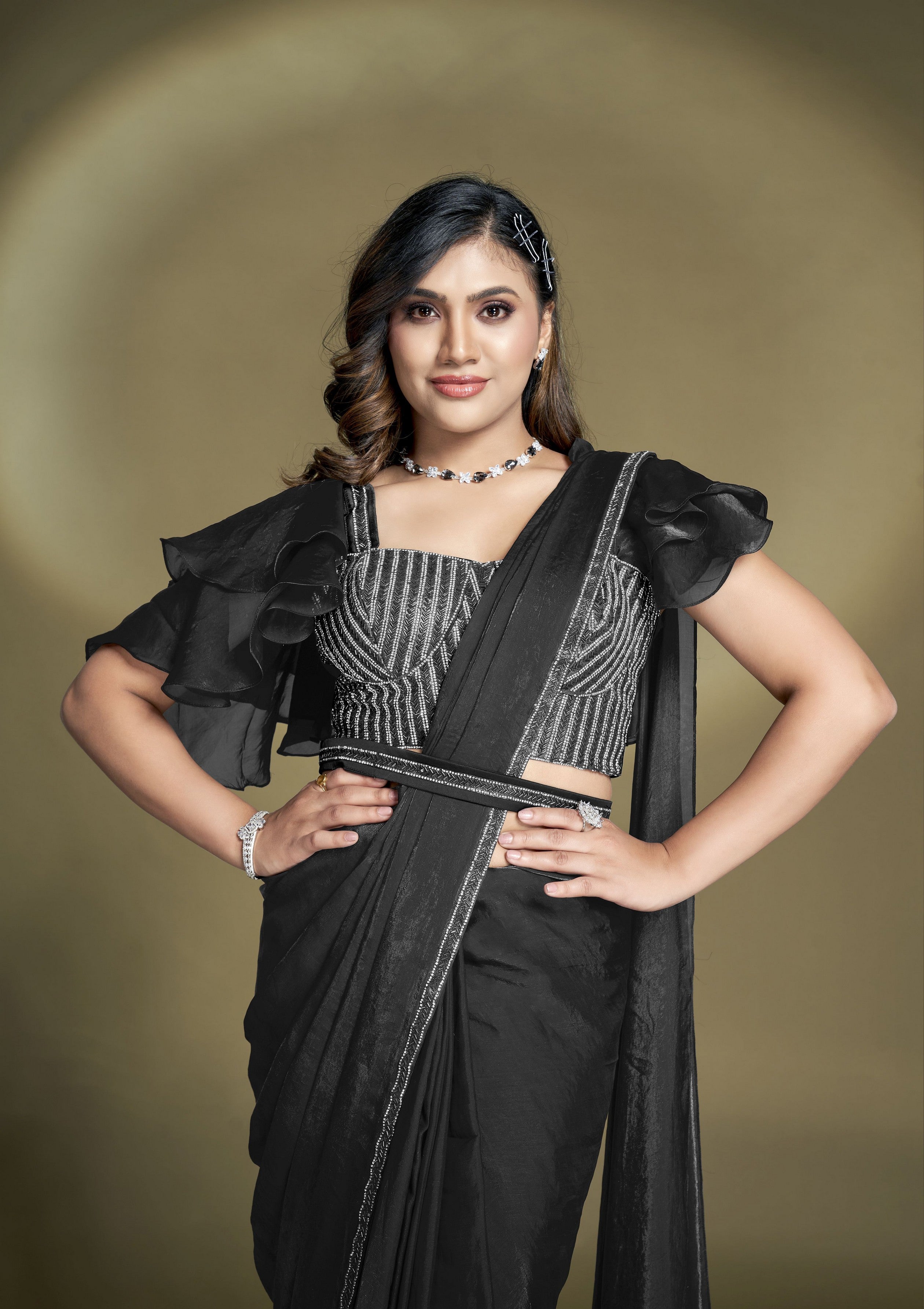 Heavy Partywear Two Tone Satin Silk Sequins And Beads Aari Hand Work Ready To Wear Saree