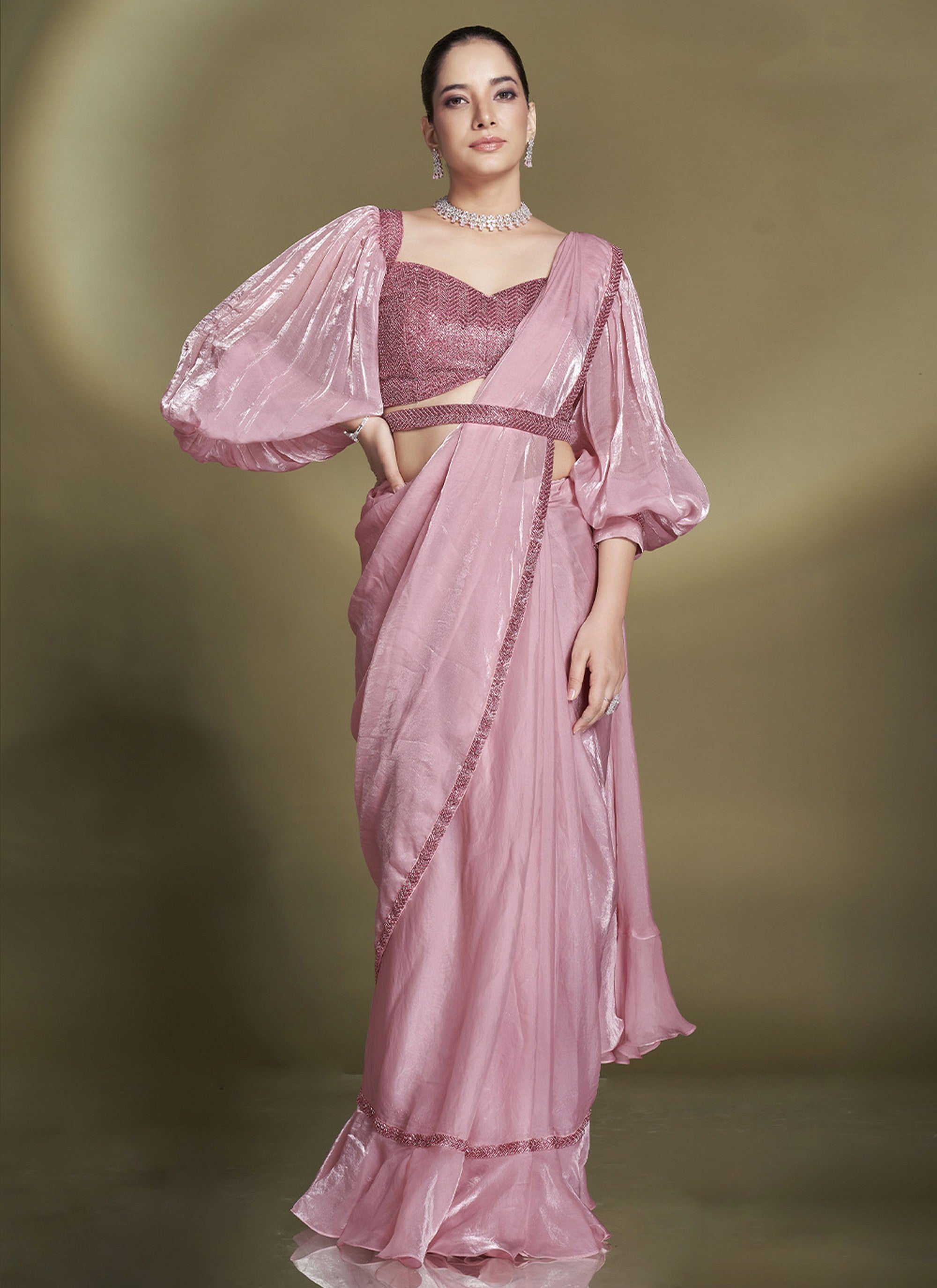 Heavy Partywear Two Tone Satin Silk Sequins And Beads Aari Hand Work Ready To Wear Saree