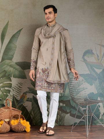 Heavy Stylish Viscose Silk Embroidered Ivory Kurta with Dupatta