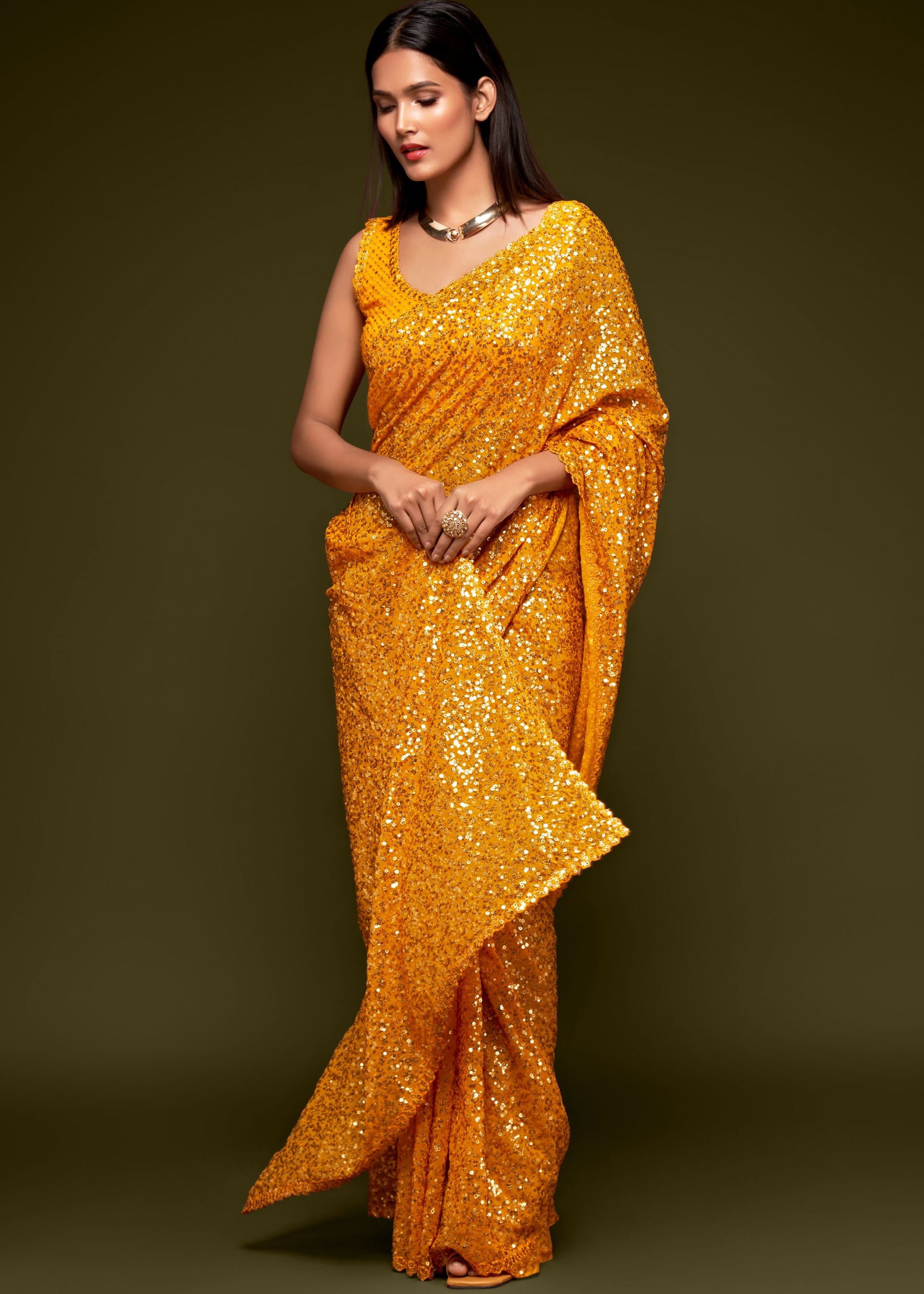 Honey Yellow Georgette Saree with Thread Embroidery and Sequins Work