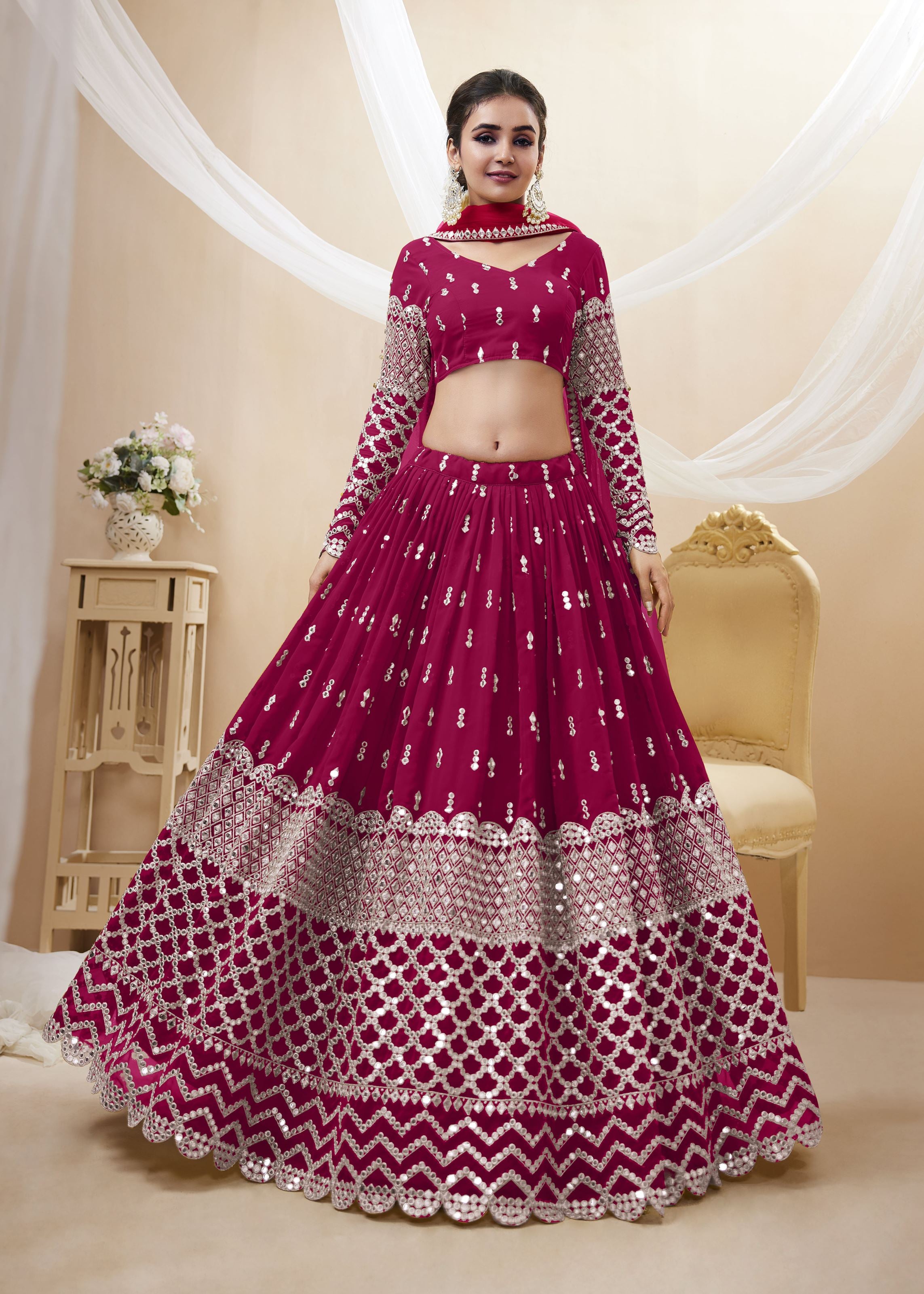 Hot Pink Georgette Lehenga Choli With Sequins Zari Embroidered Work