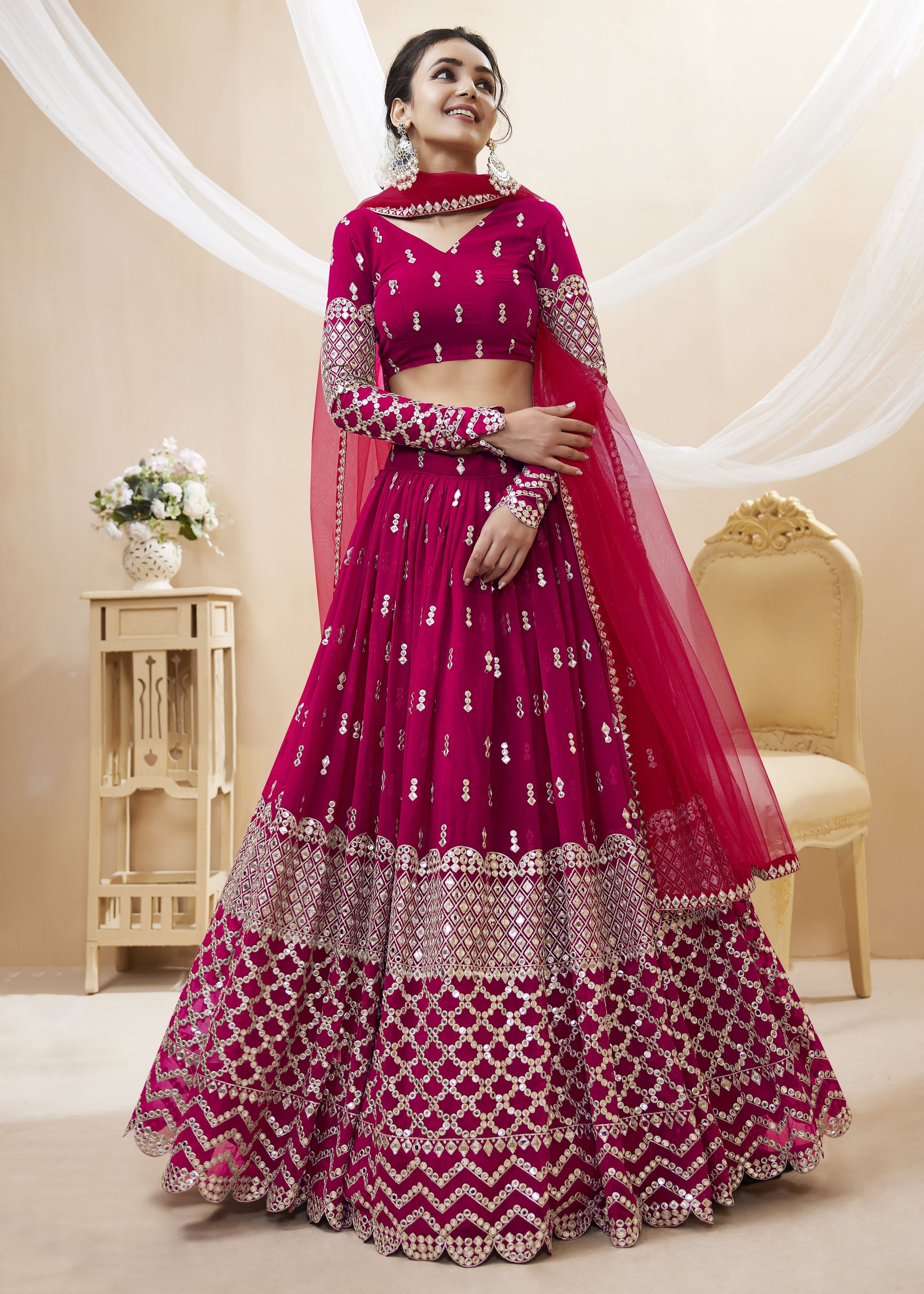 Hot Pink Georgette Lehenga Choli With Sequins Zari Embroidered Work