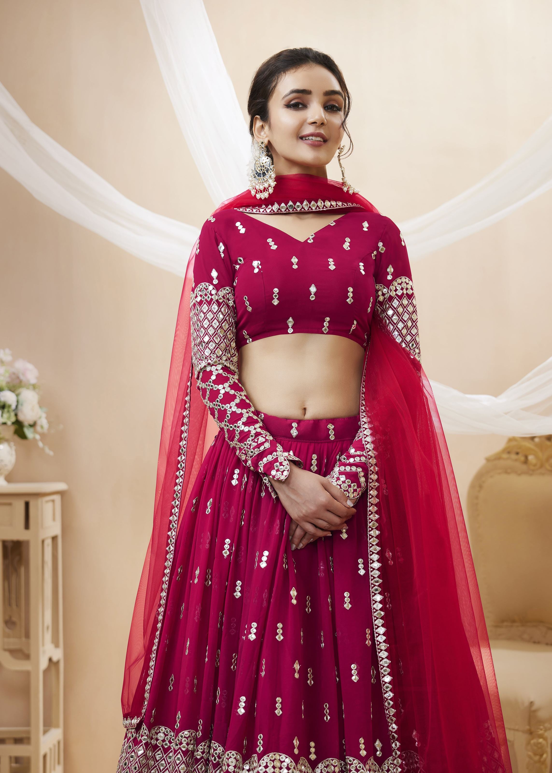 Hot Pink Georgette Lehenga Choli With Sequins Zari Embroidered Work