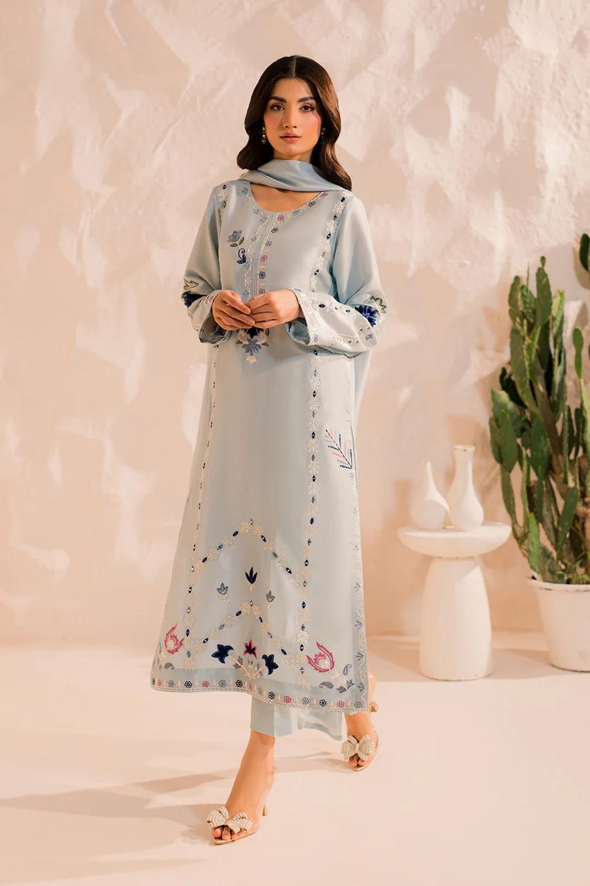 Ice Blue Chanderi Silk Kurta Pant Set With Heavy Thread Embroidery Work